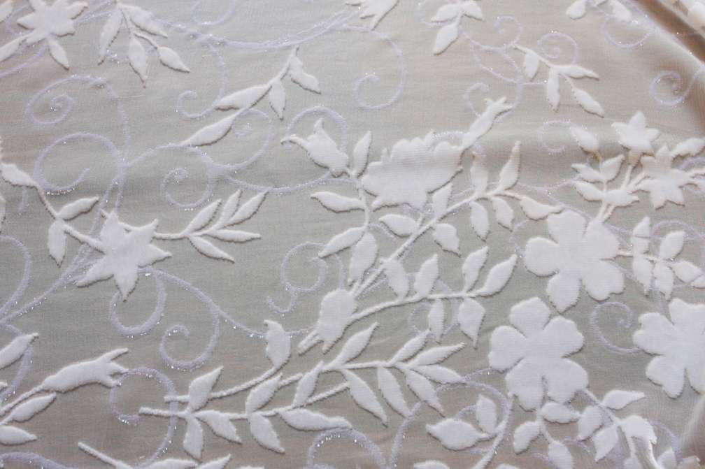 Silk Lurex Burnout Velvet White Floral On Grey Background Brown Stripes Surrounding Grey Background