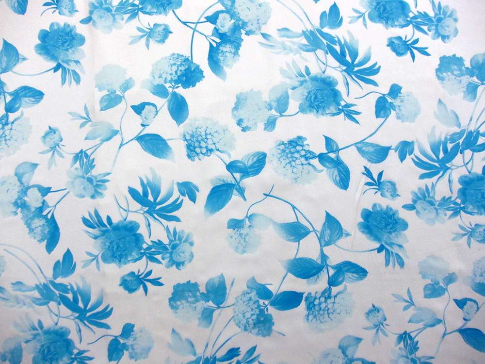 Printed Silk Chiffon Blue Floral On White Background