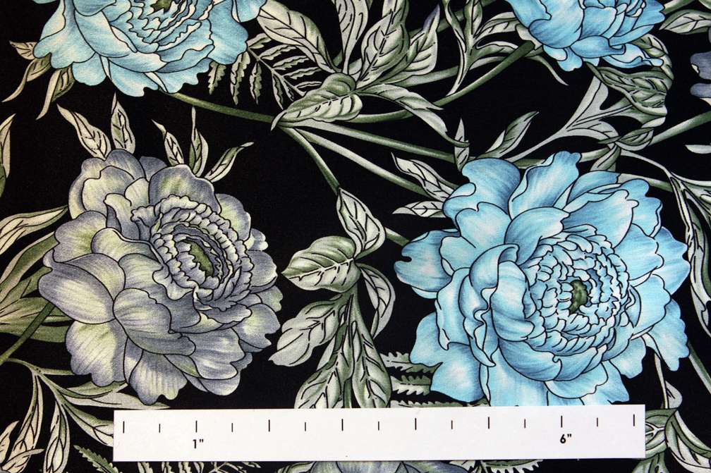 Printed Silk Charmeuse Blue Grey Yellow Green Floral On Black Background