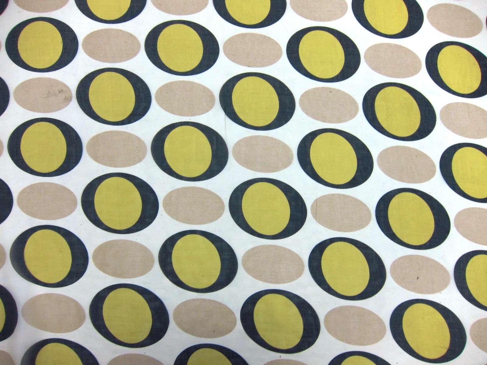 Printed Silk Chiffon Orange Yellow Surrounded By Black Ring Dots On White Background
