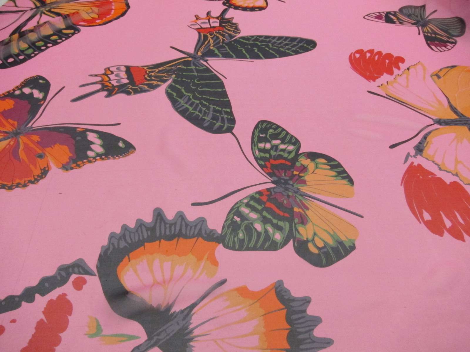 Silk Chiffon with Multicolor Butterflies Print On Pink Background