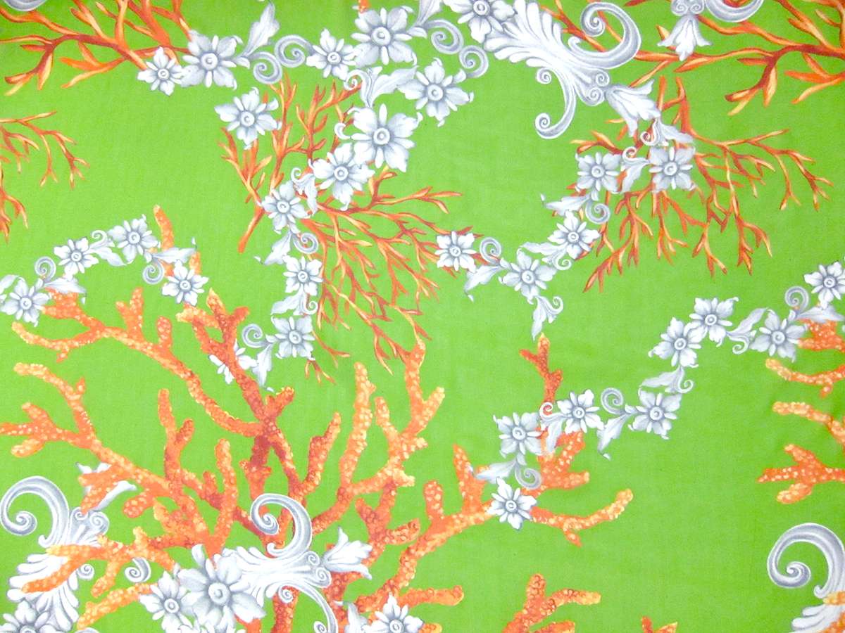 Printed Silk Chiffon White Orange Red Florals On Green Background