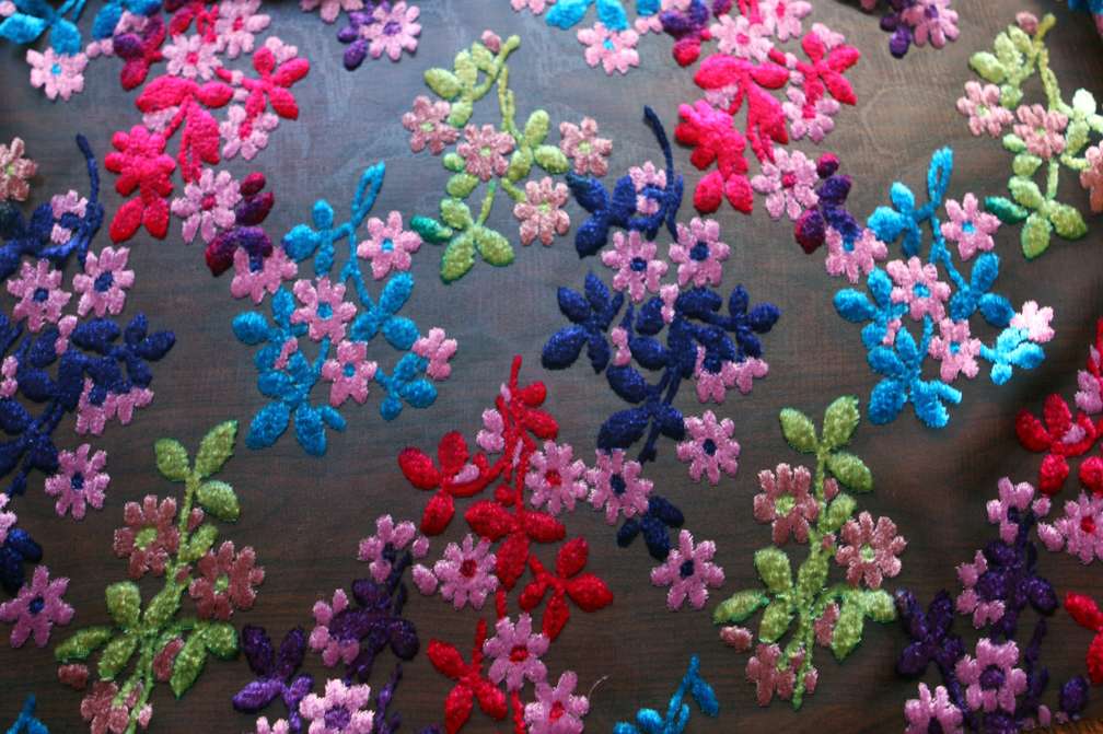 Silk Rayon Burnout Velvet Green Pink Blue Purple Red Floral On Grey Black Background