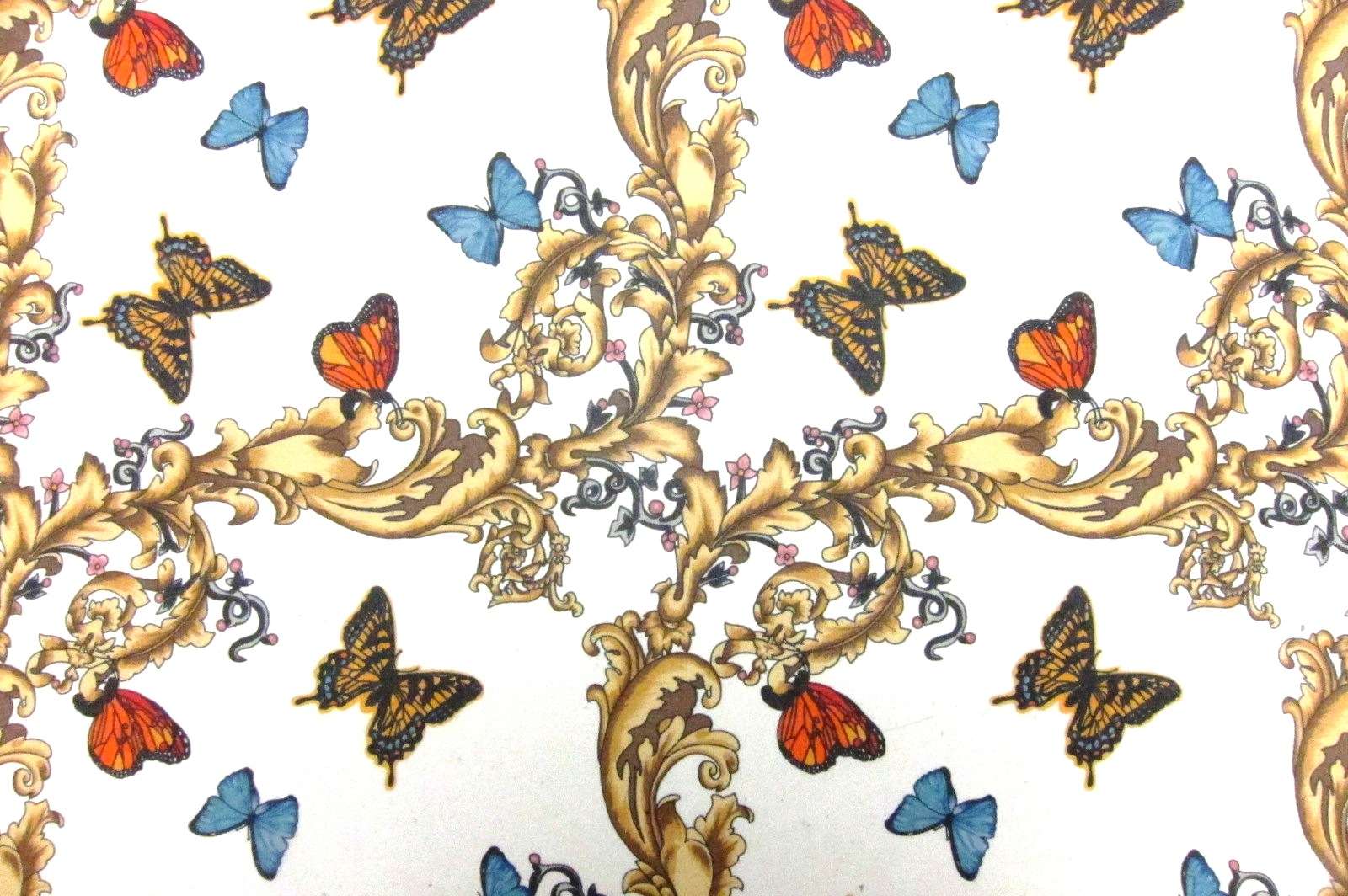 Printed Silk Chiffon Blue Black Orange Black Red Butterfly Animal Yellow Pink Orange Brown Floral On White Background 