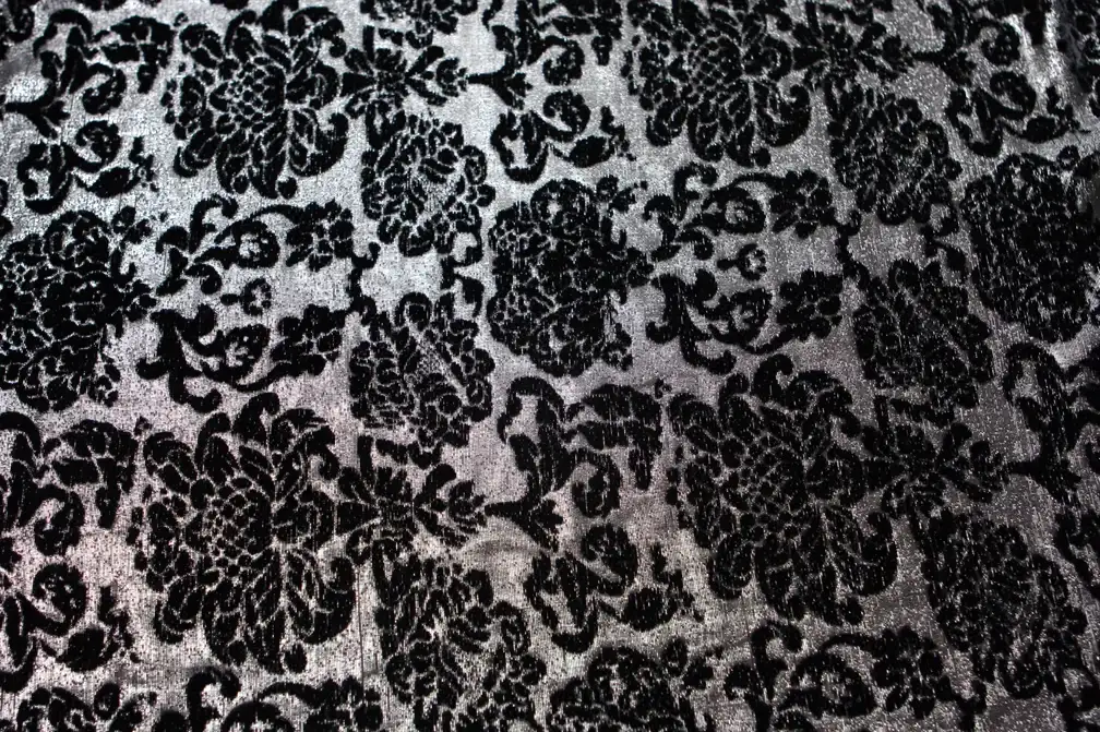 Silk Rayon Lurex BurnOut Velvet Black Florals On Silver Pewter Background