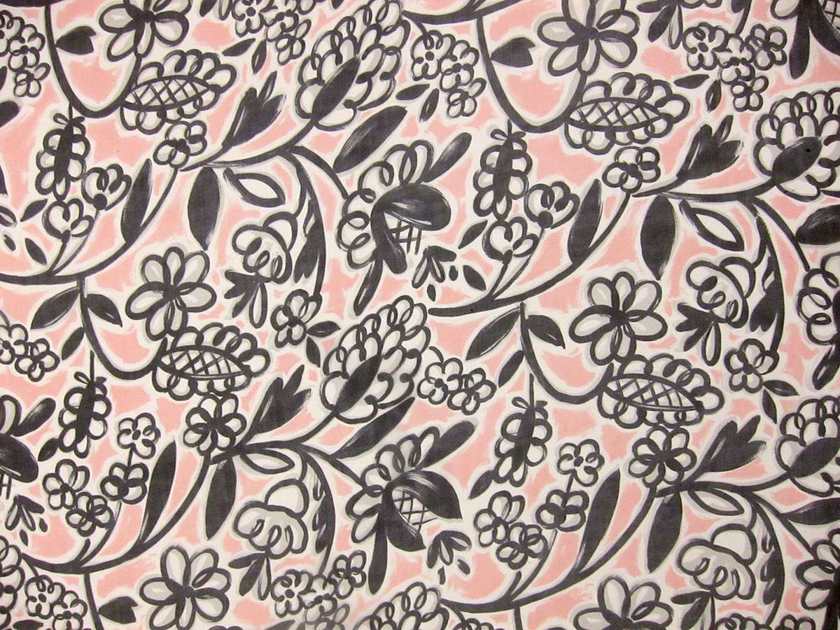 Printed Silk Chiffon Black Grey White Florals On White Pink Background
