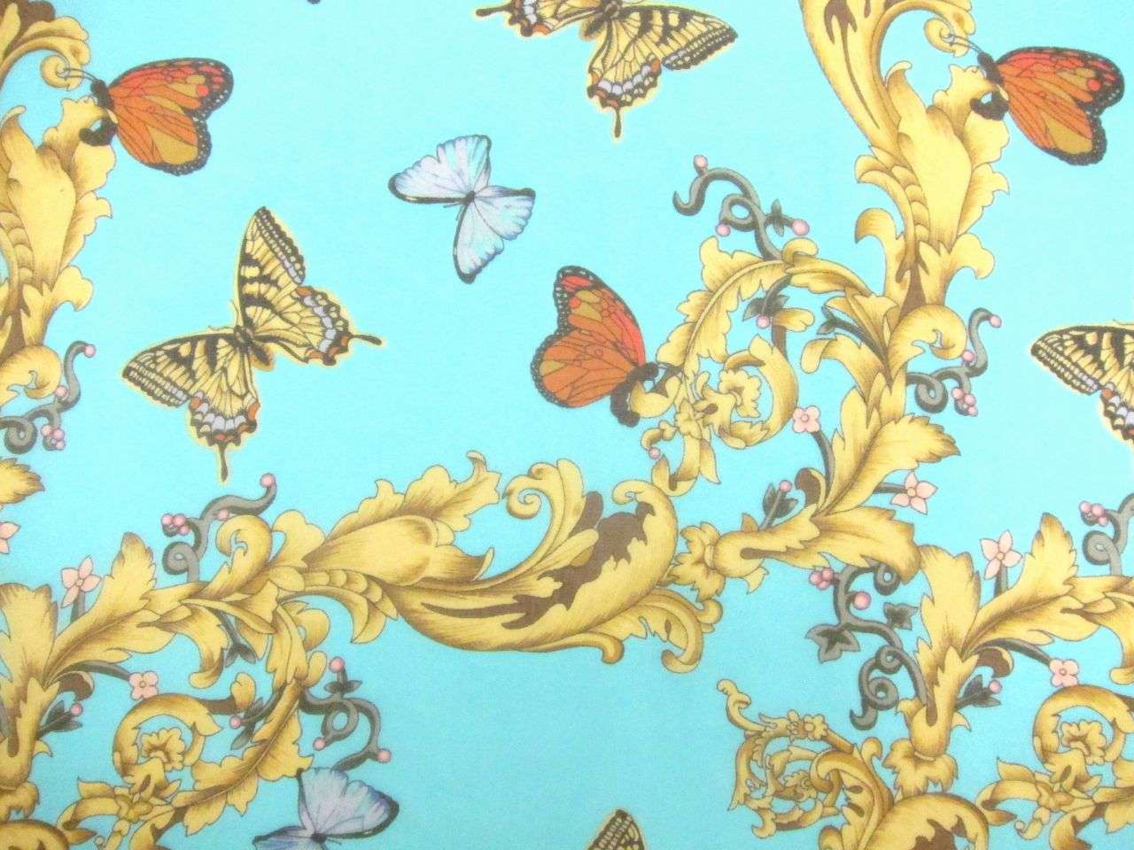 Printed Silk Chiffon Light-Blue Yellow Orange Butterflies Yellow Grey Floral On Light-Blue Background