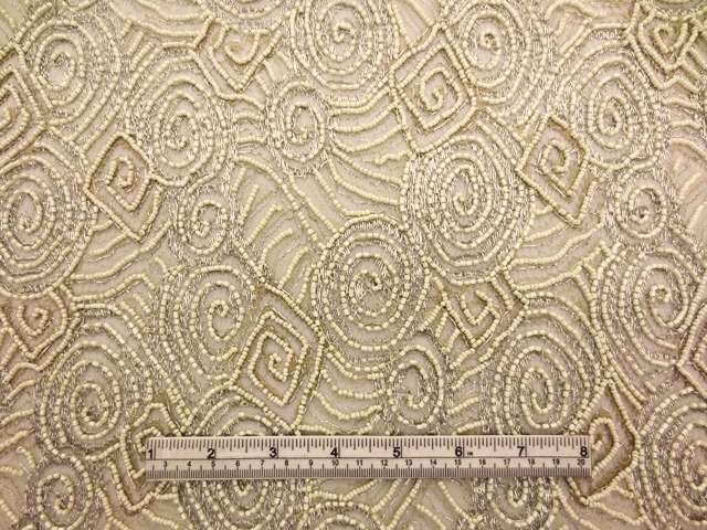 Double scallop silver and cream geometric beaded metallic French Chantilly Lace