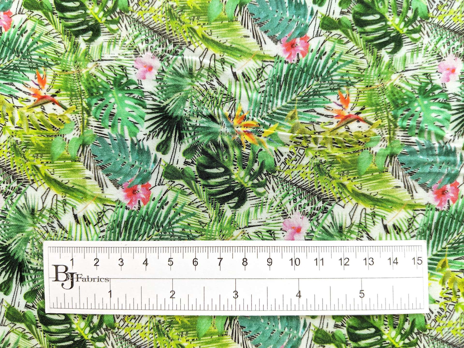 Viscose Print with Tropical Plants and Birds of Paradise