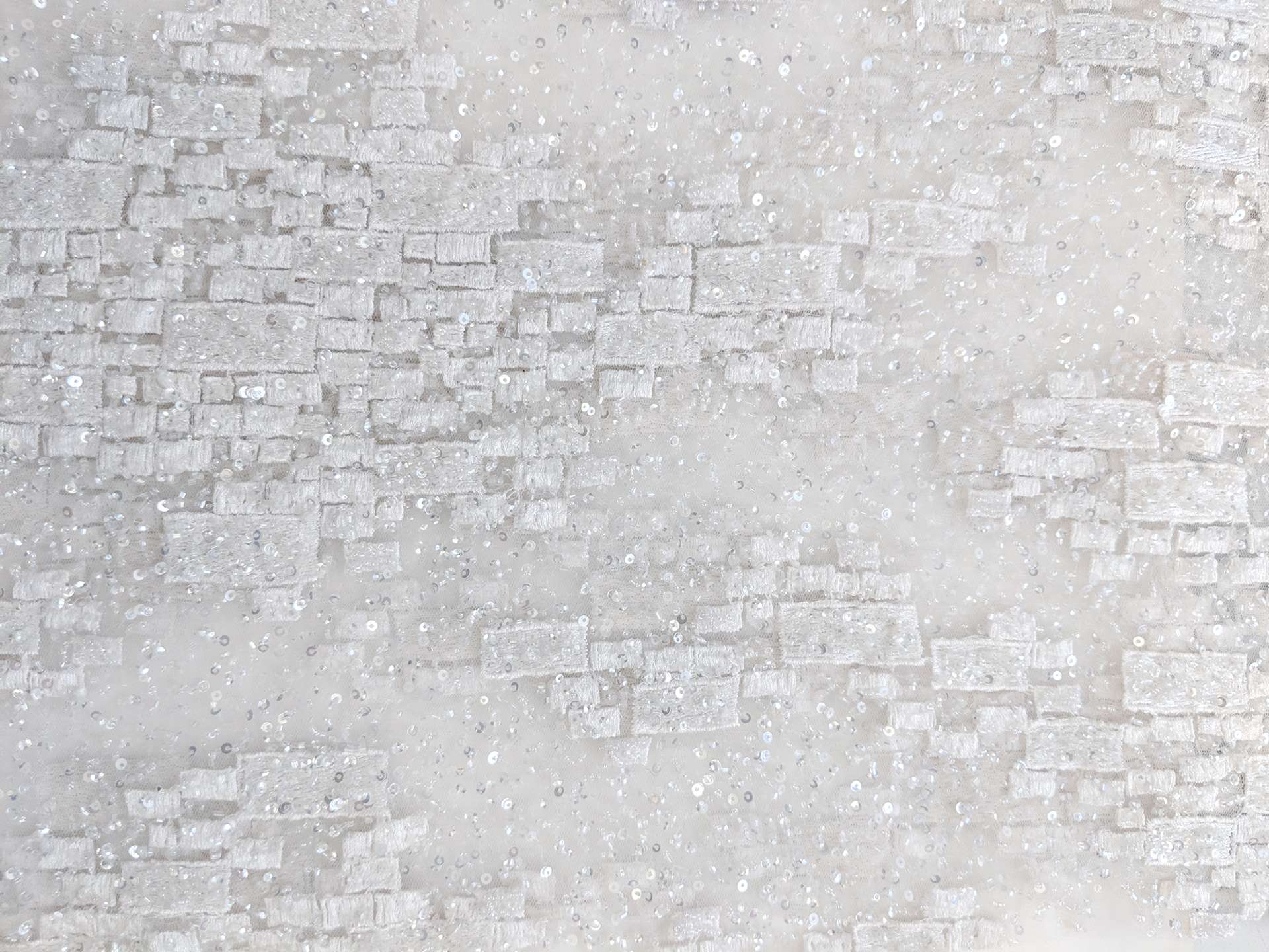 Beaded Tulle with Embroidered Squares in White