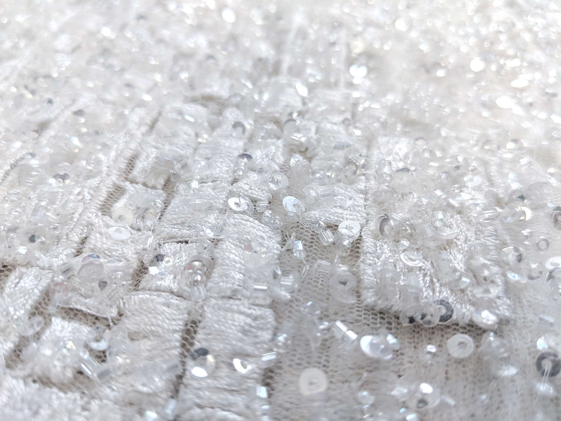 Beaded Tulle with Embroidered Squares in White