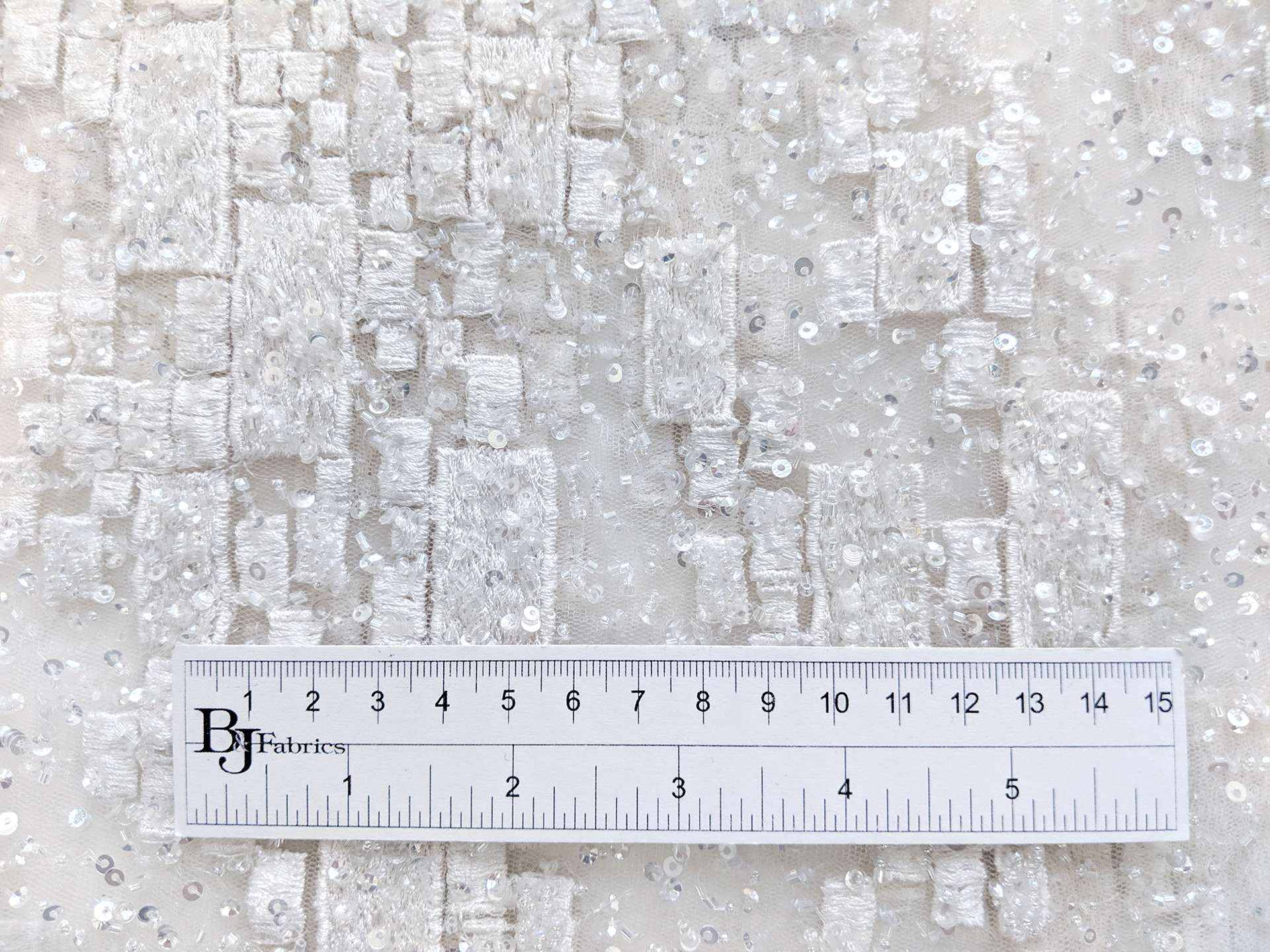 Beaded Tulle with Embroidered Squares in White