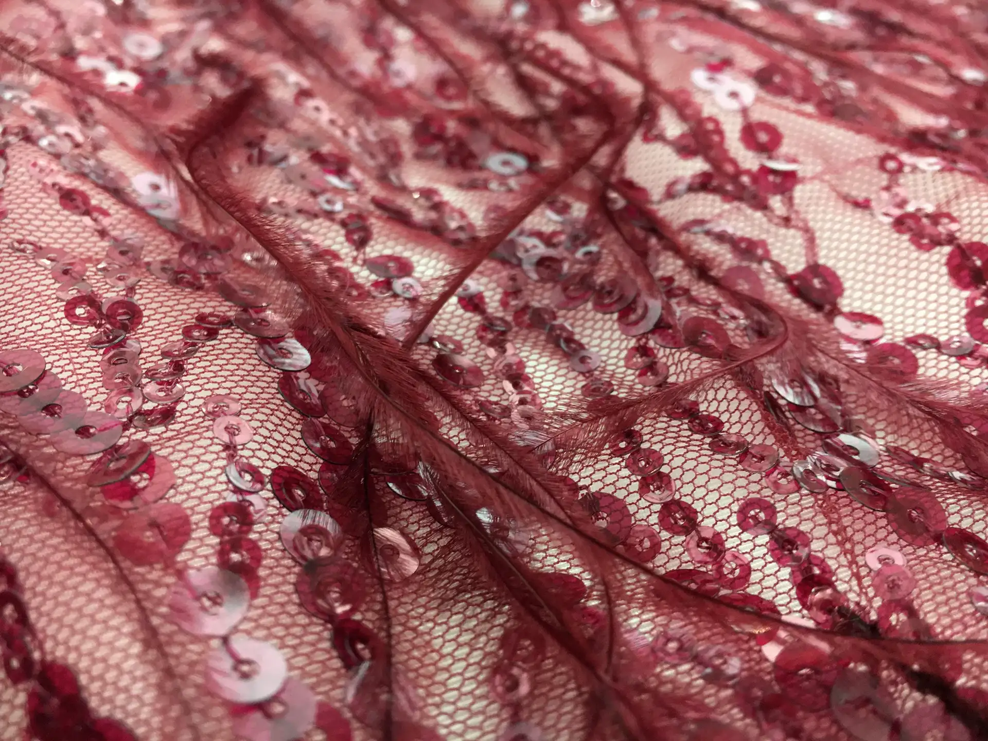 Feathered and Sequined Tulle in Wine
