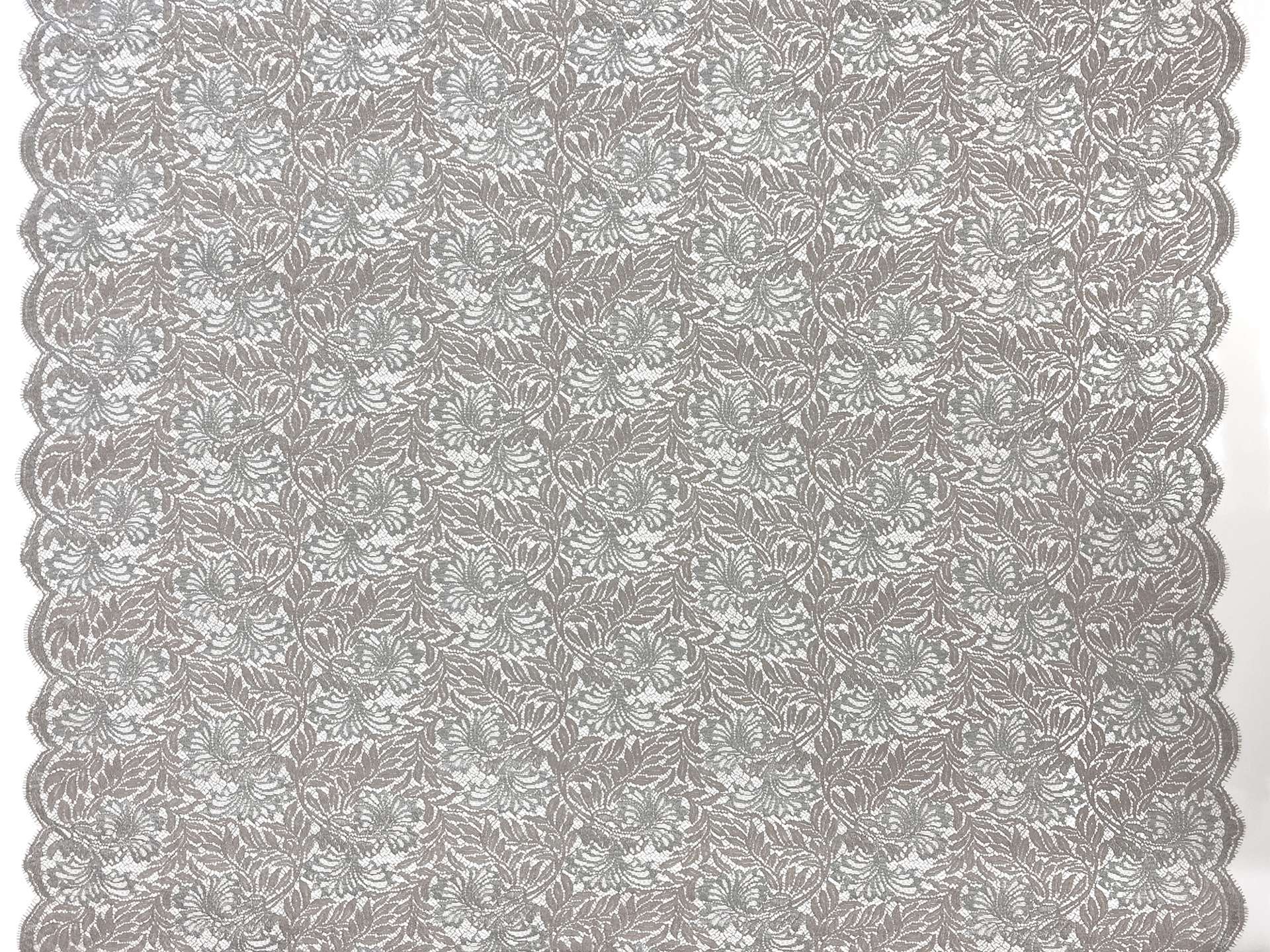 Double Scallop Metallic Lace with Foliage Motif in Silver Taupe