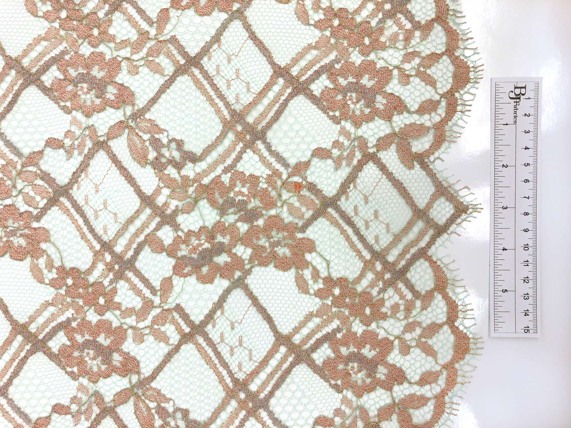 Metallic Floral Chantilly Lace in Mint and Pumpkin 