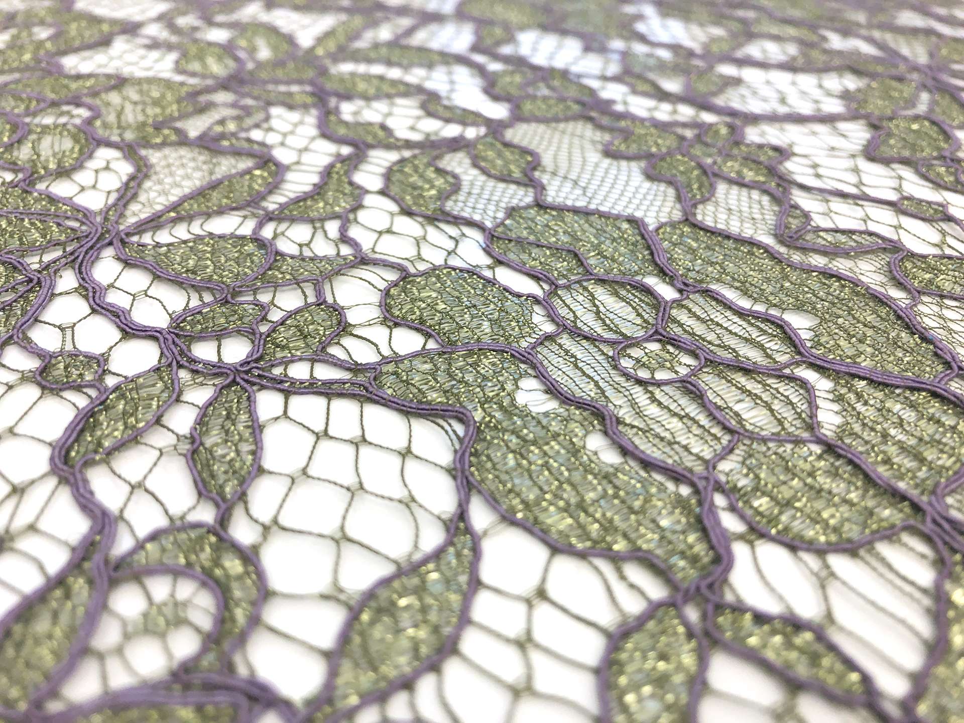Corded Metallic Chantilly Lace in Olive and Lilac