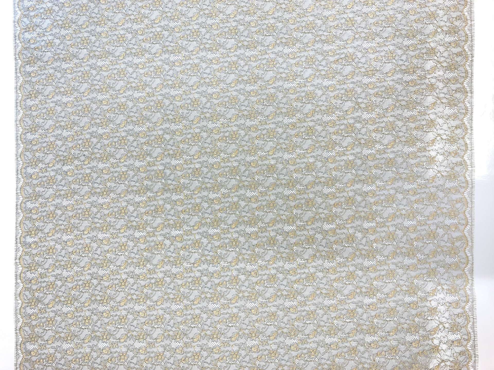 Metallic Chantilly Lace with Dainty Floral Motif in Grey & Light Gold