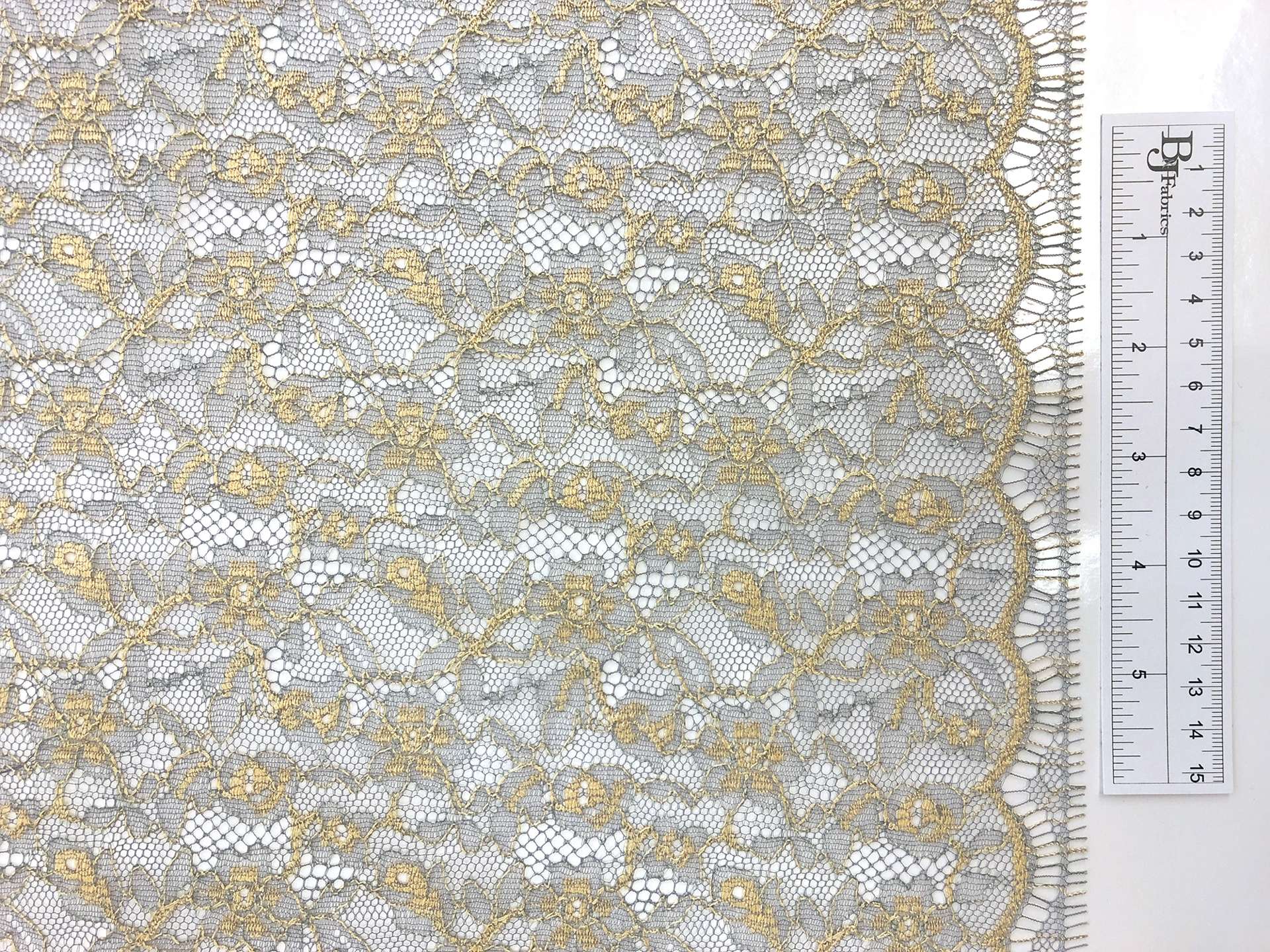 Metallic Chantilly Lace with Dainty Floral Motif in Grey & Light Gold