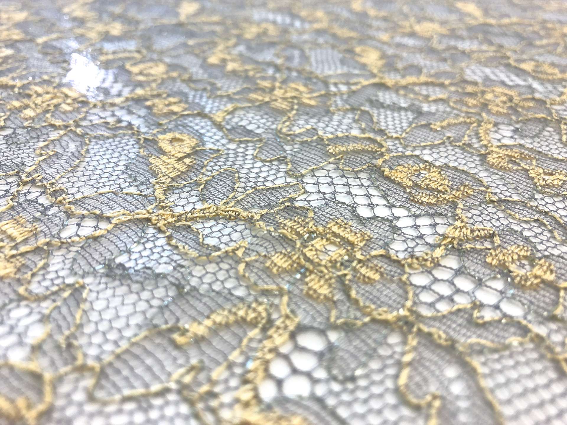 Metallic Chantilly Lace with Dainty Floral Motif in Grey & Light Gold