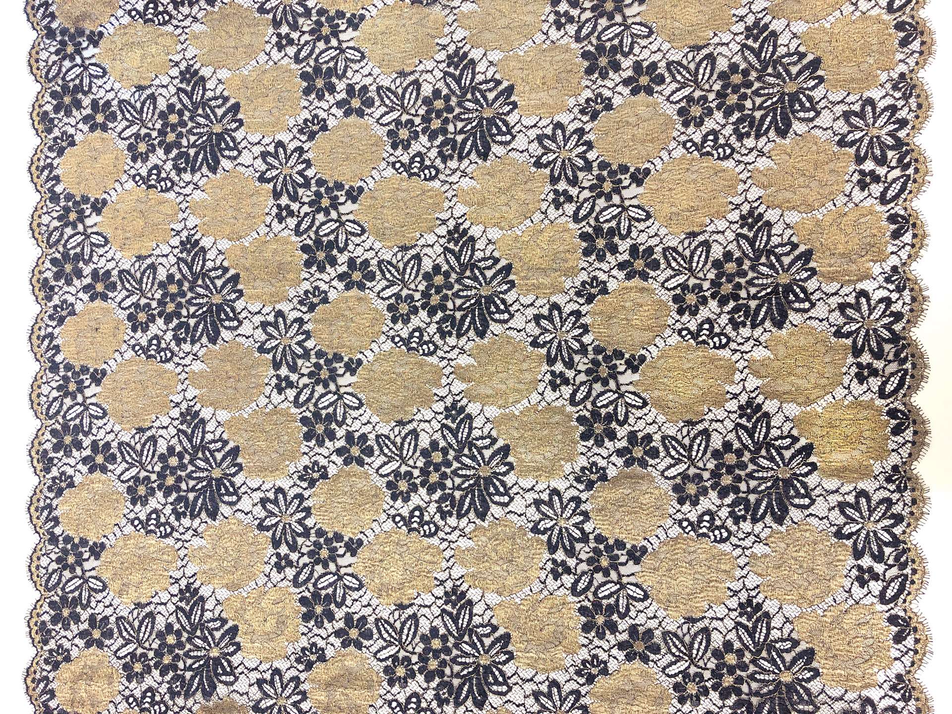 Metallic Large Floral Chantilly Lace in Gold and Navy