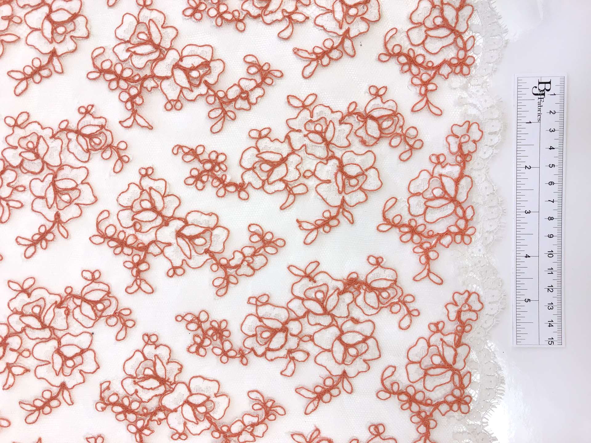 Double scallop floral corded French Chantilly Lace in White and Terracotta 
