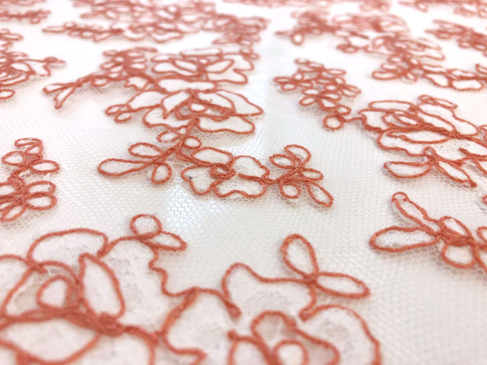 Double scallop floral corded French Chantilly Lace in White and Terracotta 