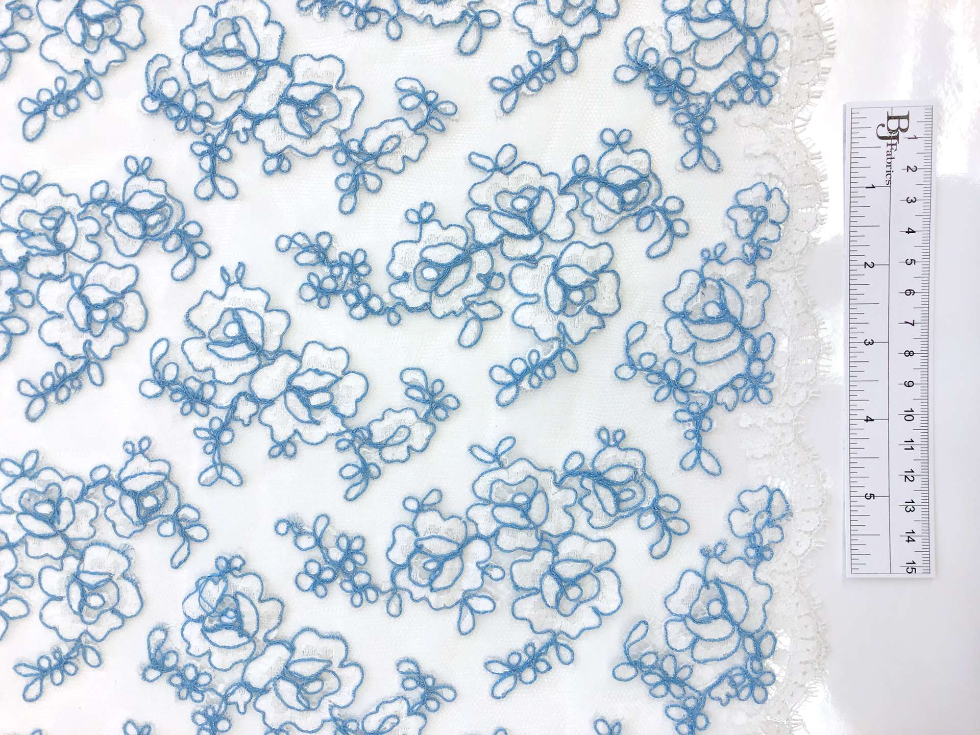 Double scallop floral corded French Chantilly Lace in White and Sky Blue