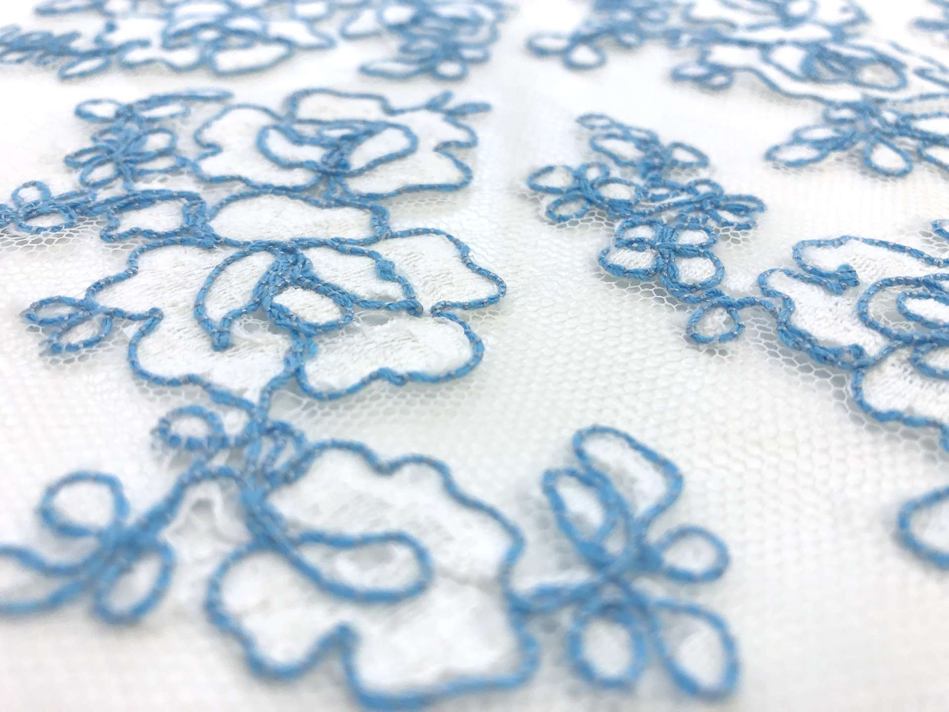 Double scallop floral corded French Chantilly Lace in White and Sky Blue