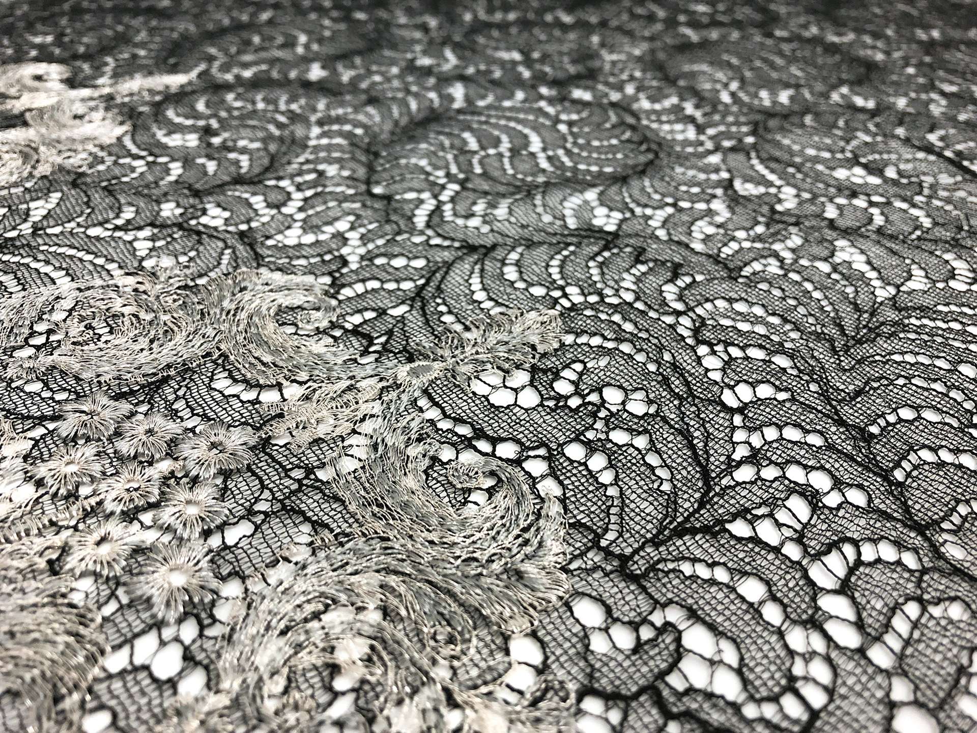 Metallic Embroidered Chantilly Lace in Black and Silver Filigree