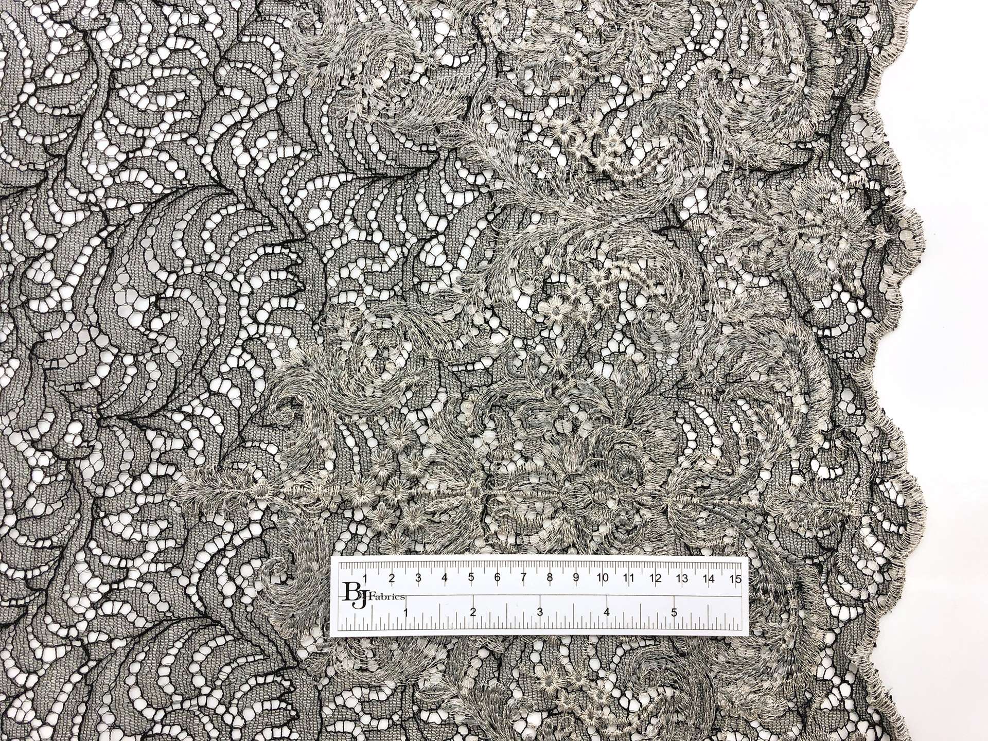 Metallic Embroidered Chantilly Lace in Black and Silver Filigree