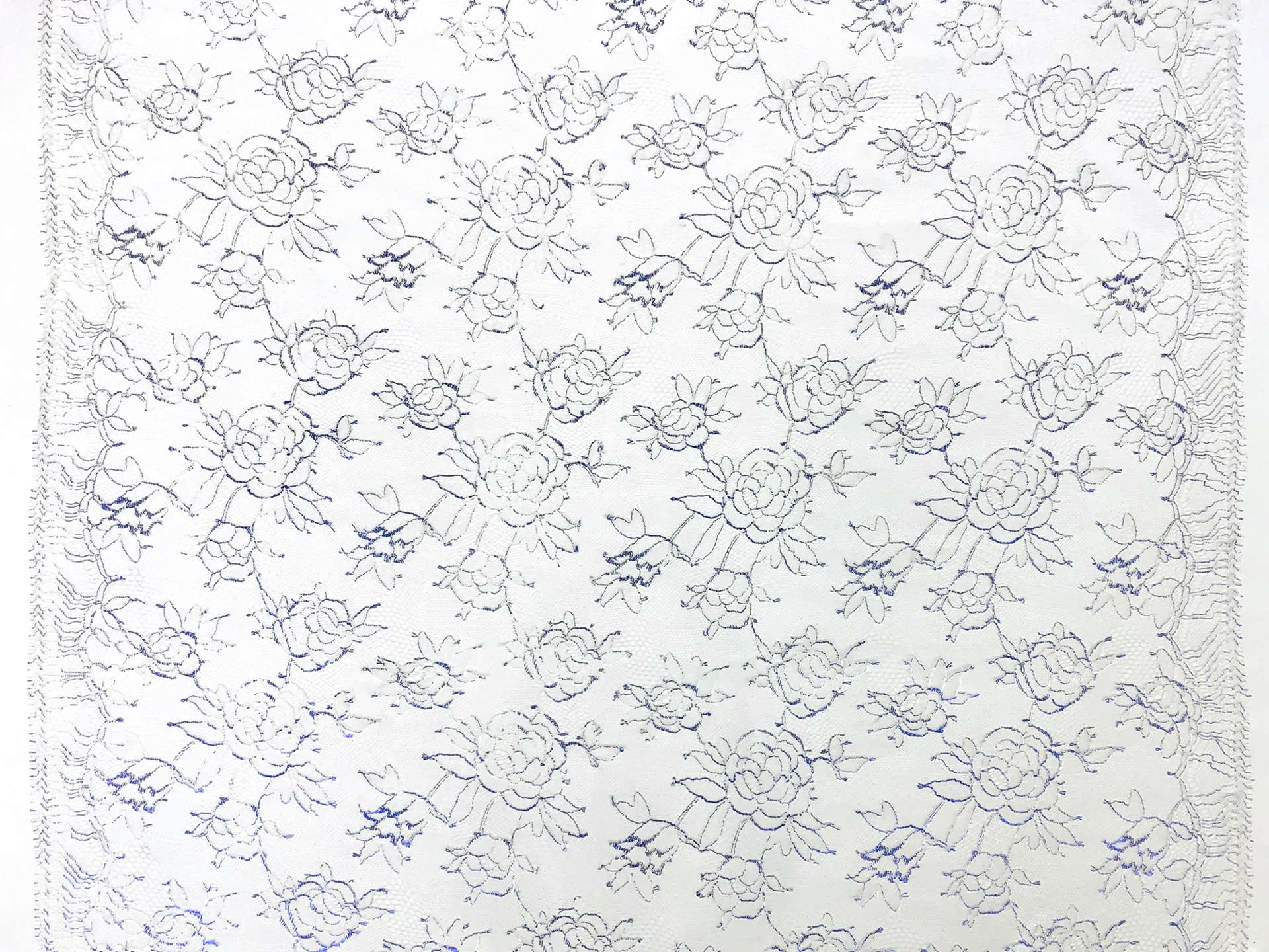 Metallic Floral Chantilly Lace in White and Royal Blue