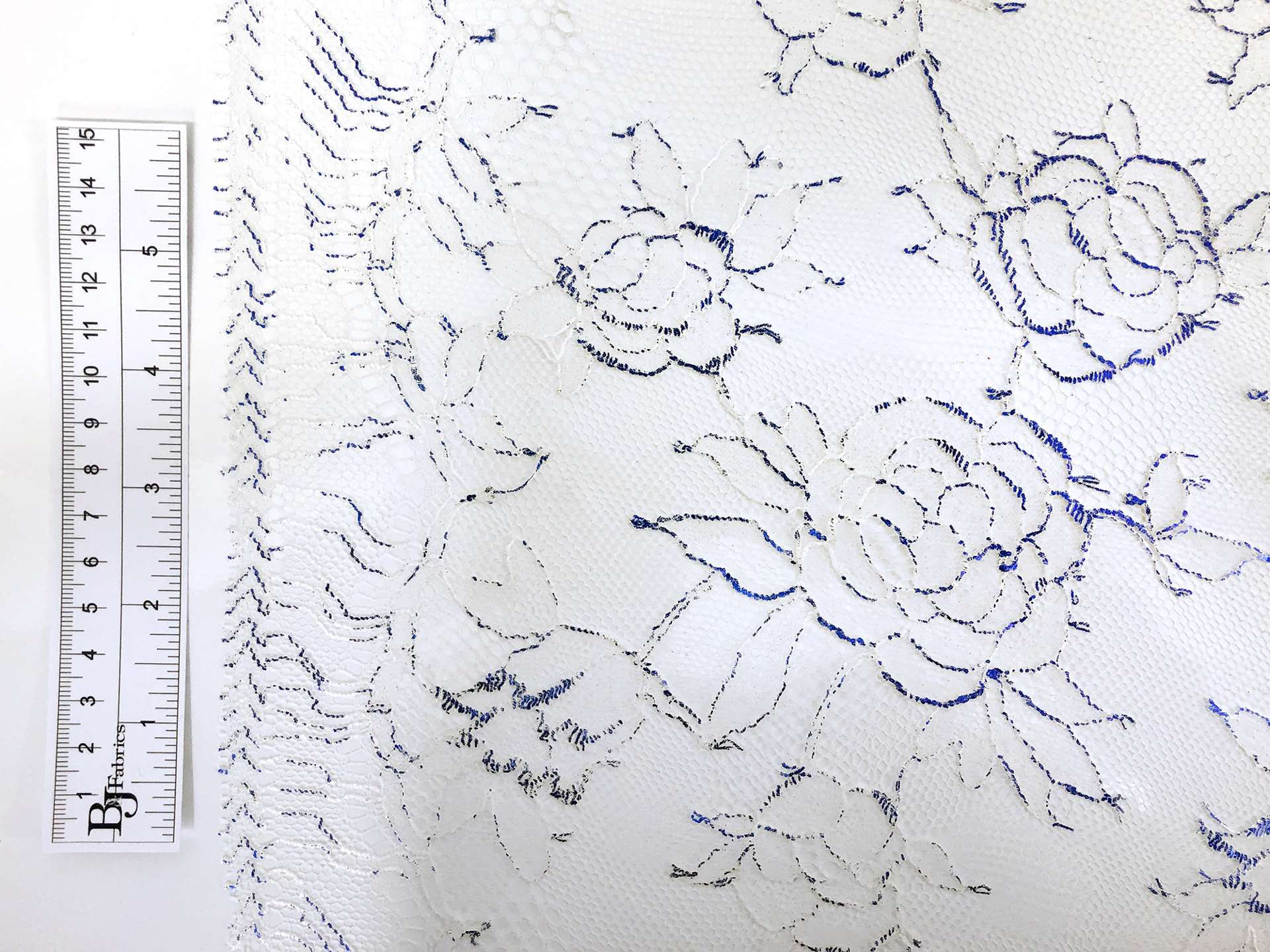 Metallic Floral Chantilly Lace in White and Royal Blue