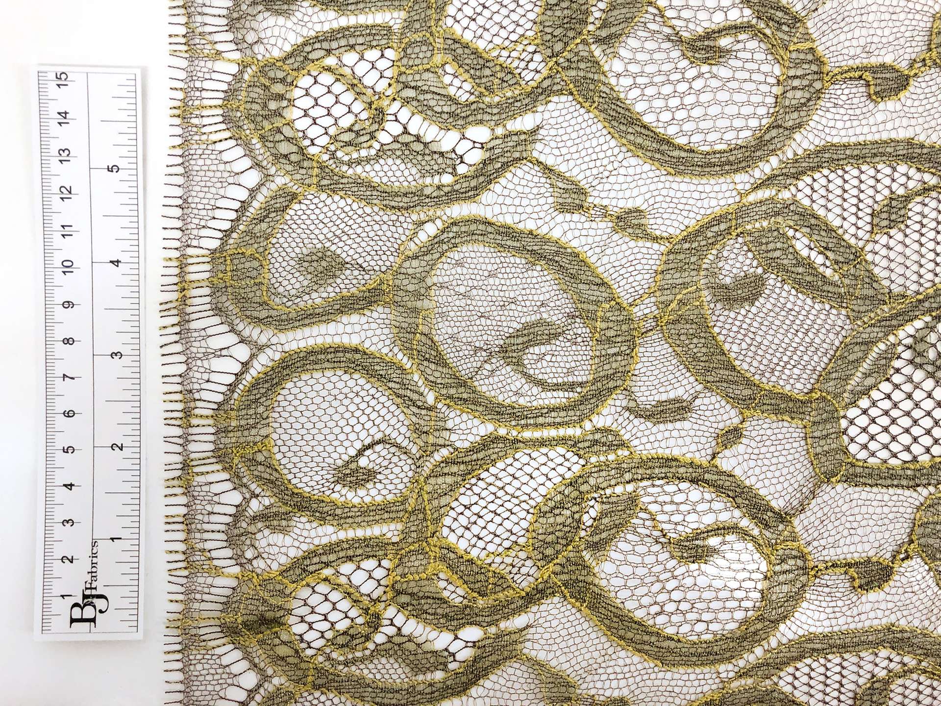 Metallic Chantilly Lace with Ovals Motif in Brown and Lime