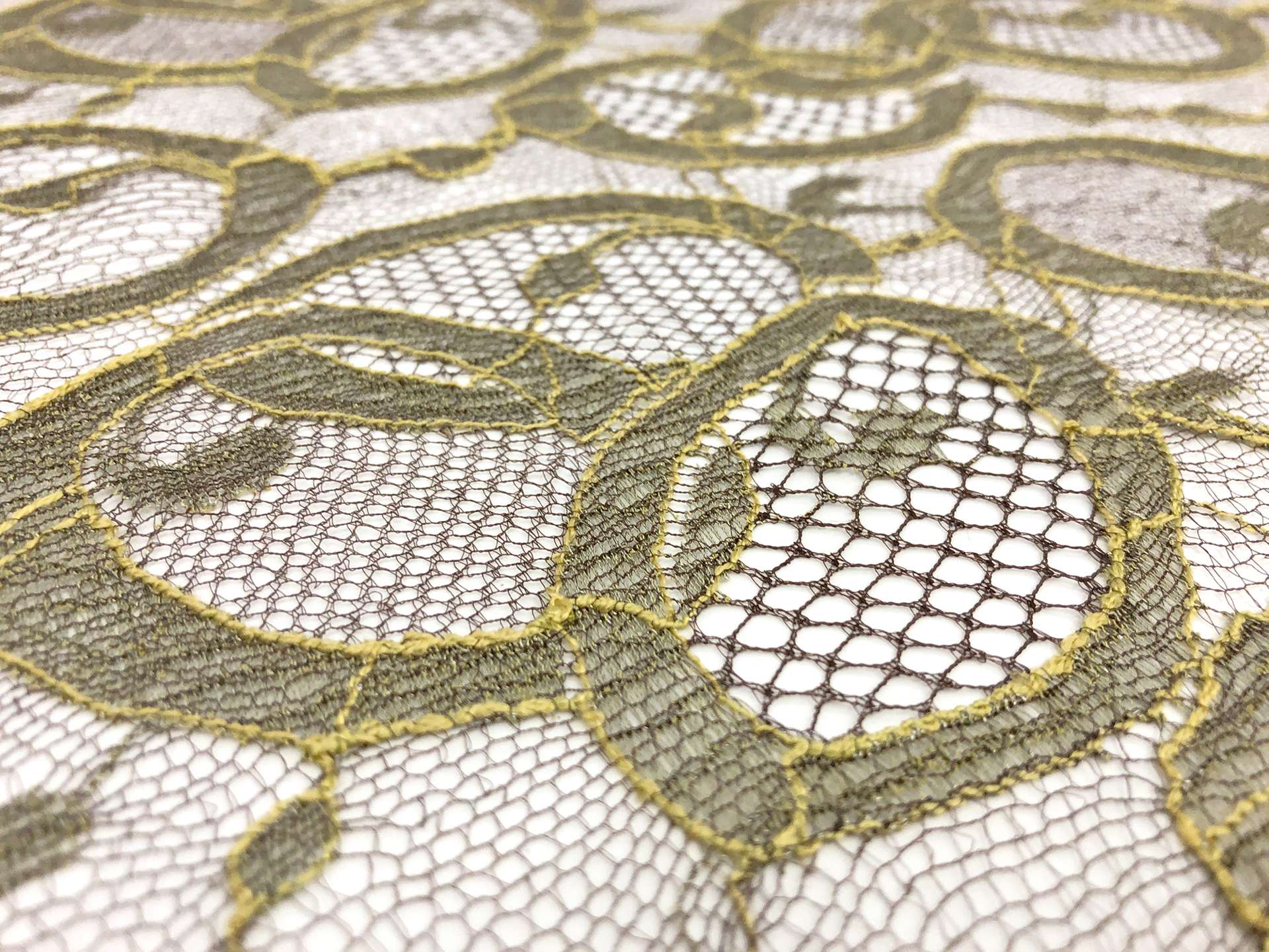 Metallic Chantilly Lace with Ovals Motif in Brown and Lime