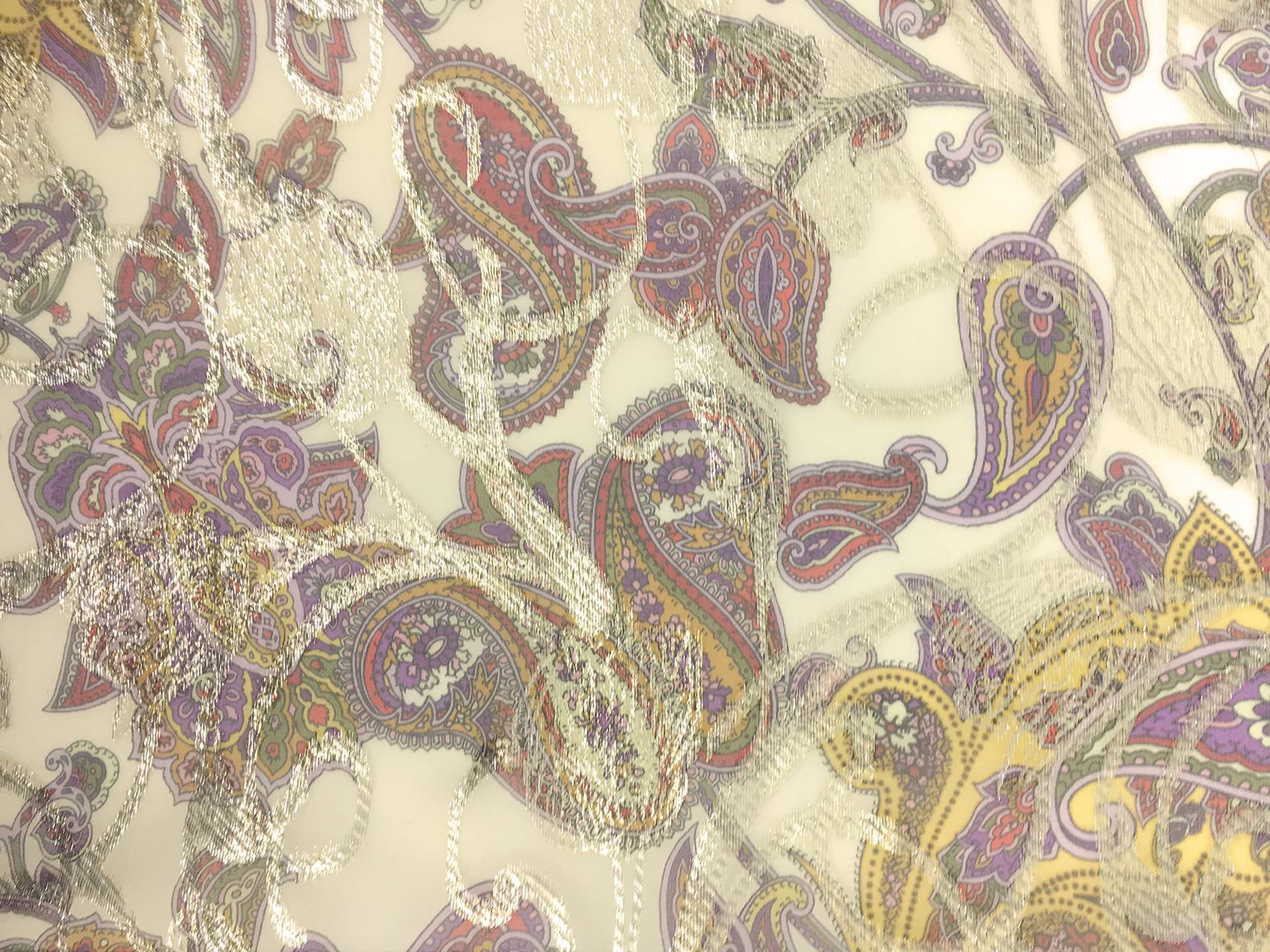 Paisley Printed Silk Chiffon with Metallic Jacquard Paisley On Yellow Background