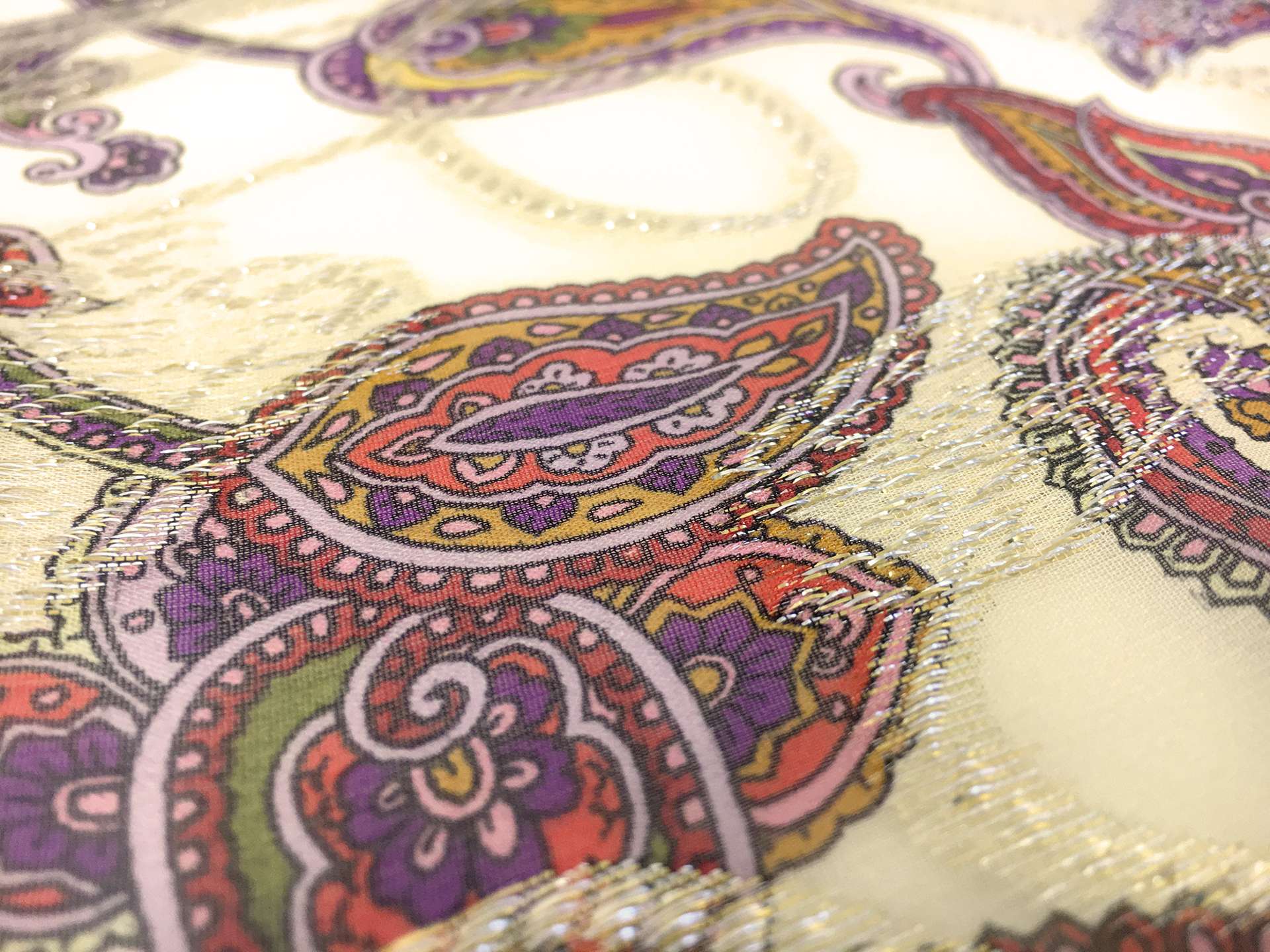 Paisley Printed Silk Chiffon with Metallic Jacquard Paisley On Yellow Background