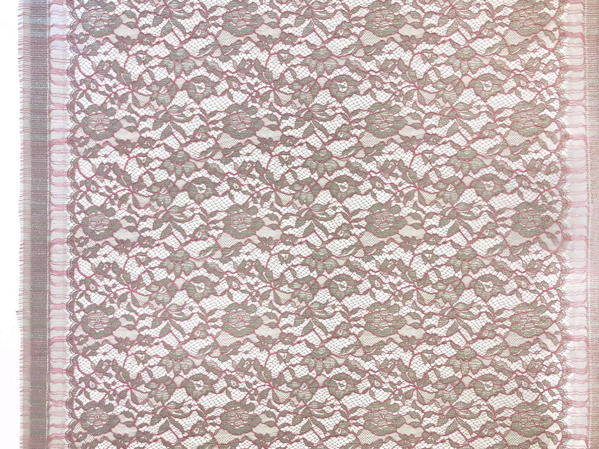 Corded Metallic Floral Chantilly Lace in Silver and Mauve