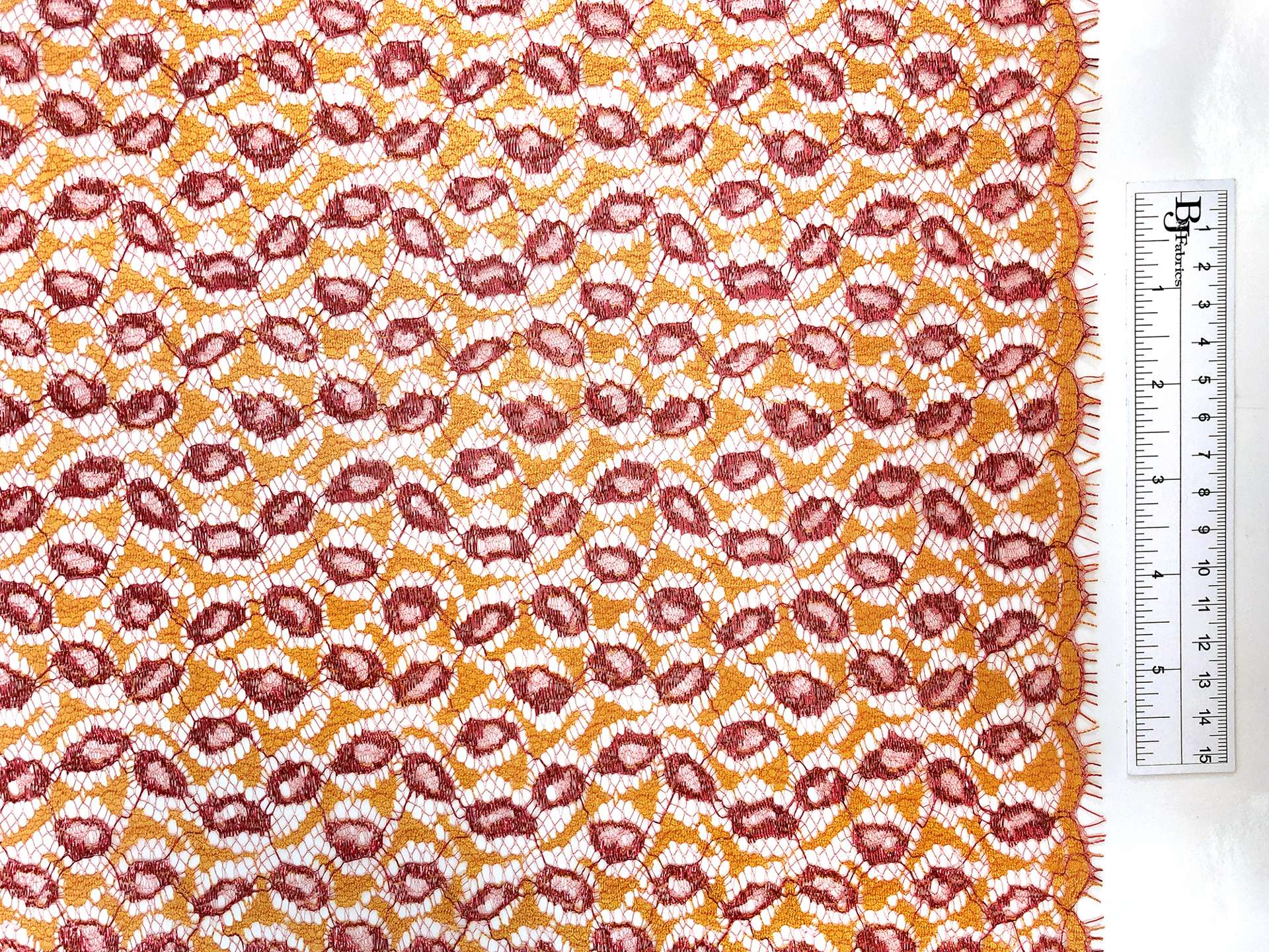 Designer Metallic Chantilly Lace in Marigold and Coral