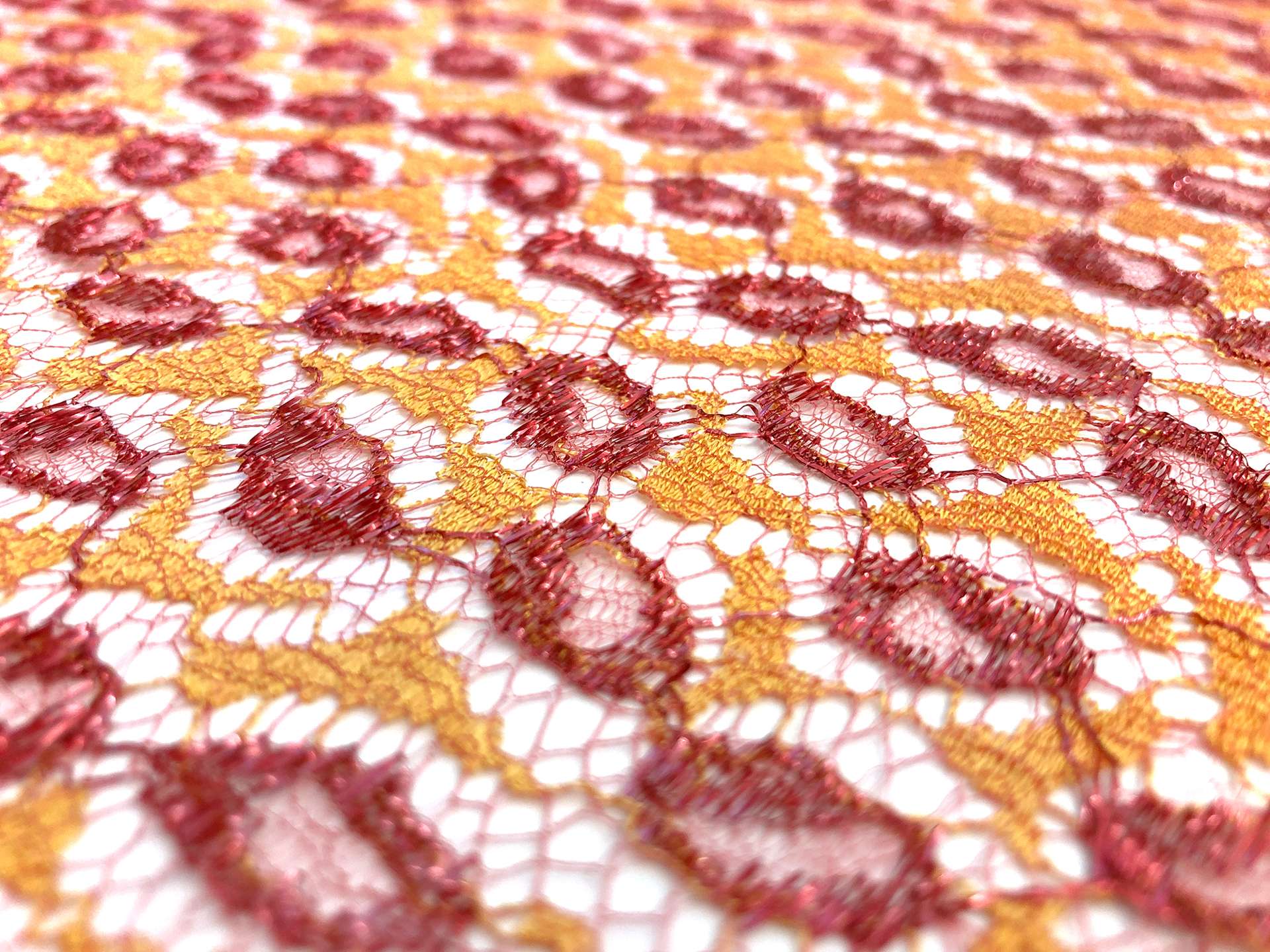 Designer Metallic Chantilly Lace in Marigold and Coral