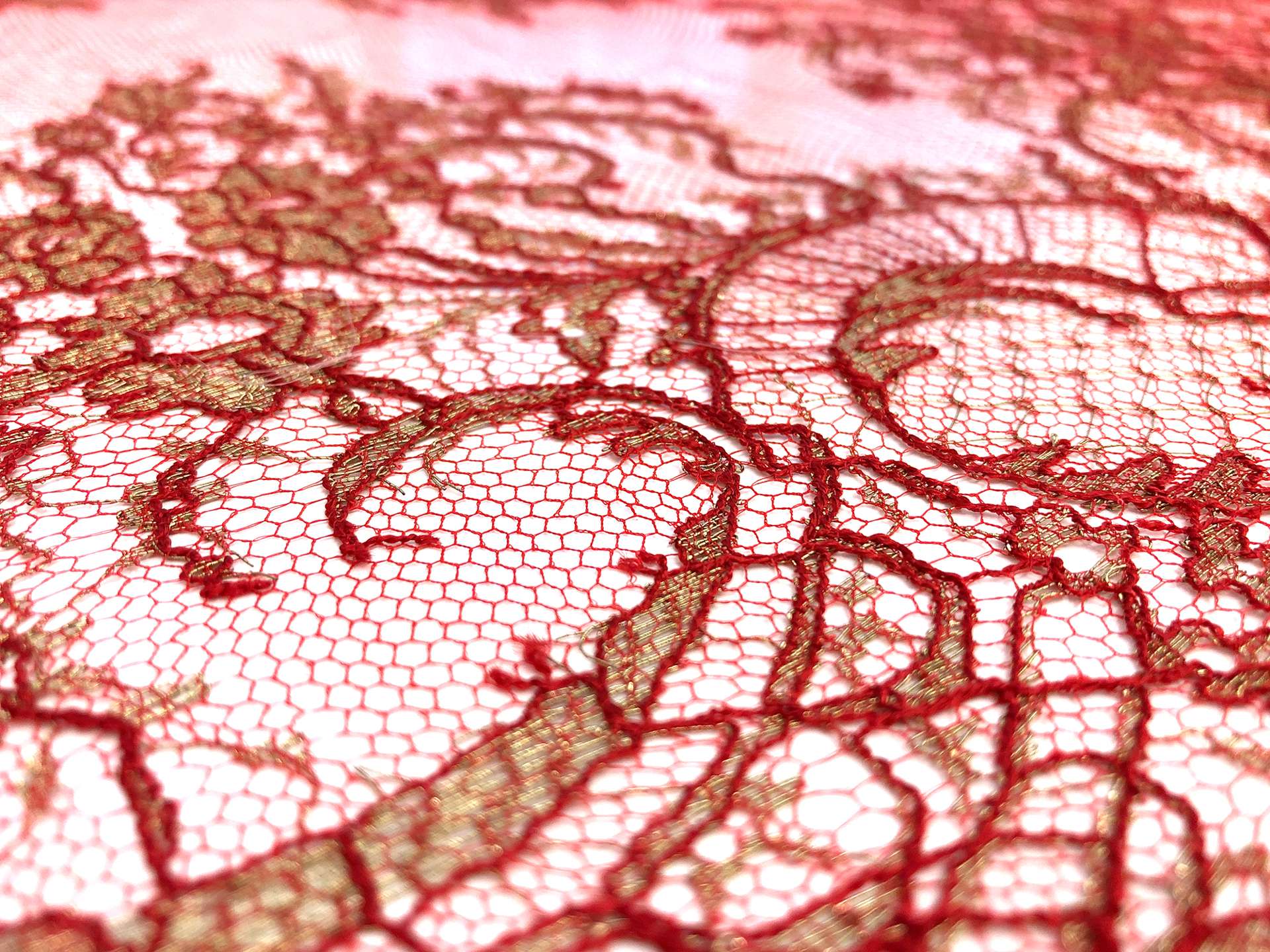 Metallic Floral Chantilly Lace in Bright Red and Gold