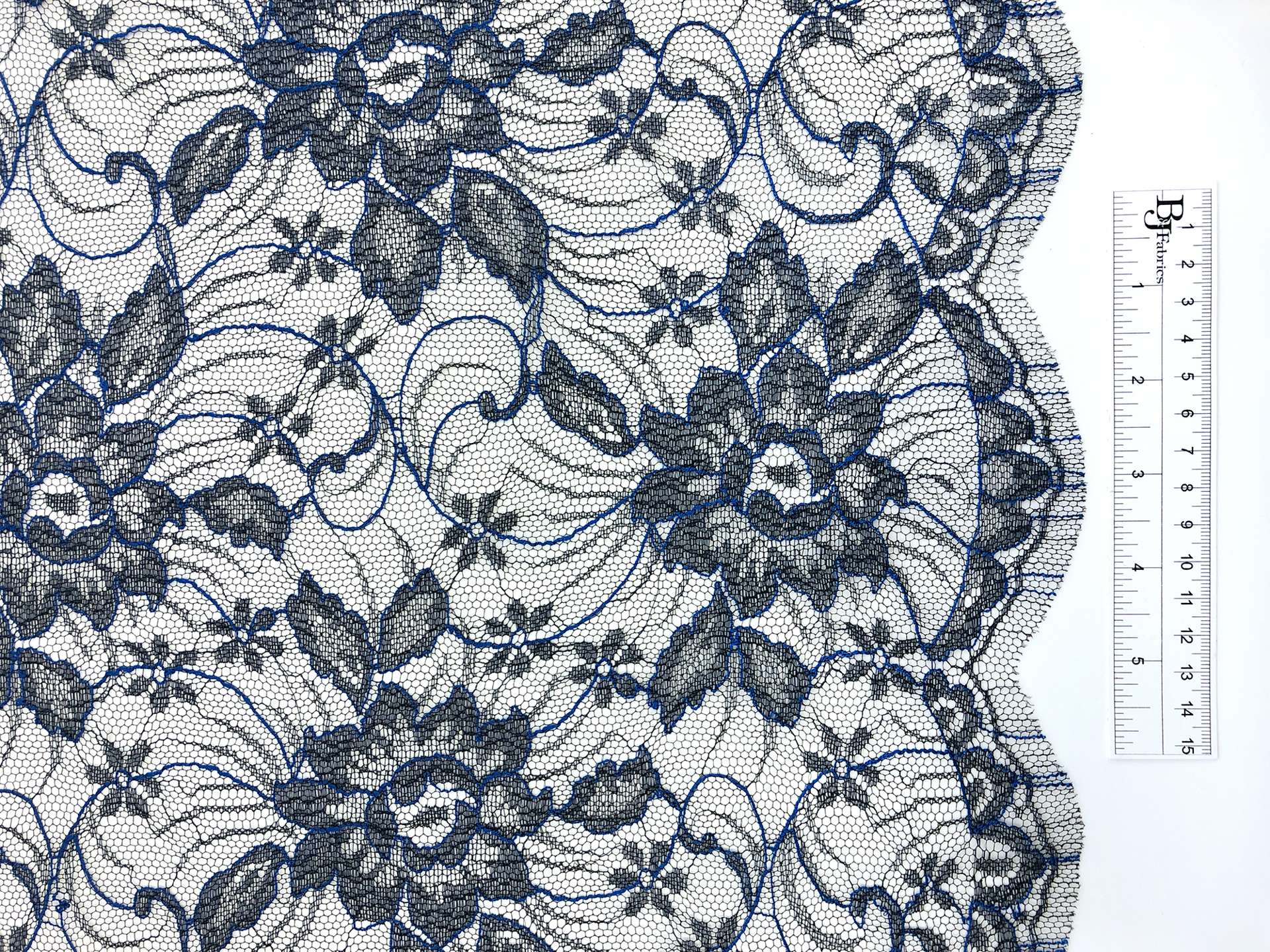 Metallic Floral Chantilly Lace in Black and Royal Blue