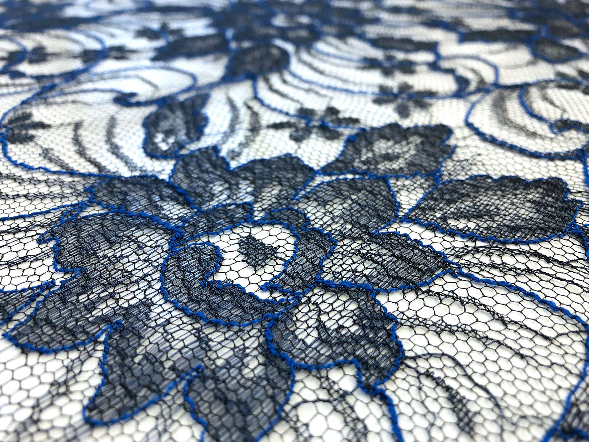 Metallic Floral Chantilly Lace in Black and Royal Blue