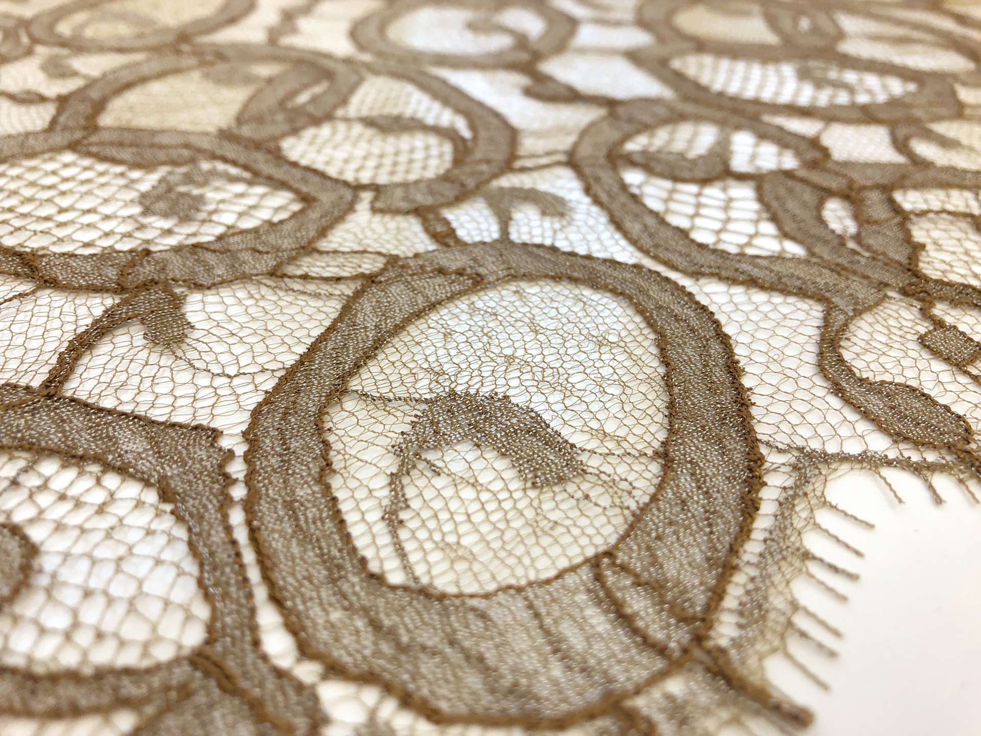 Metallic Chantilly Lace With Ovals Motif in Olive and Argent