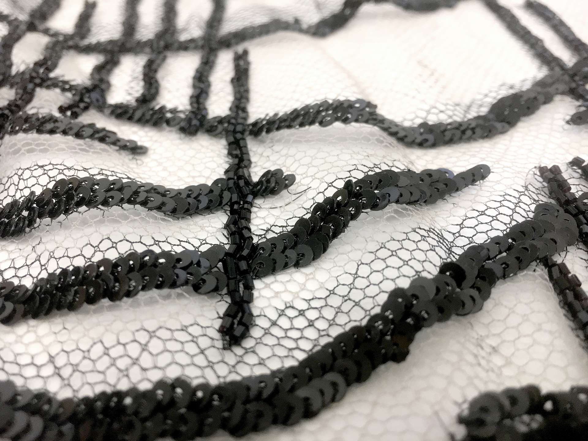 Sequined Black and White Bobbinet with Abstract Pattern