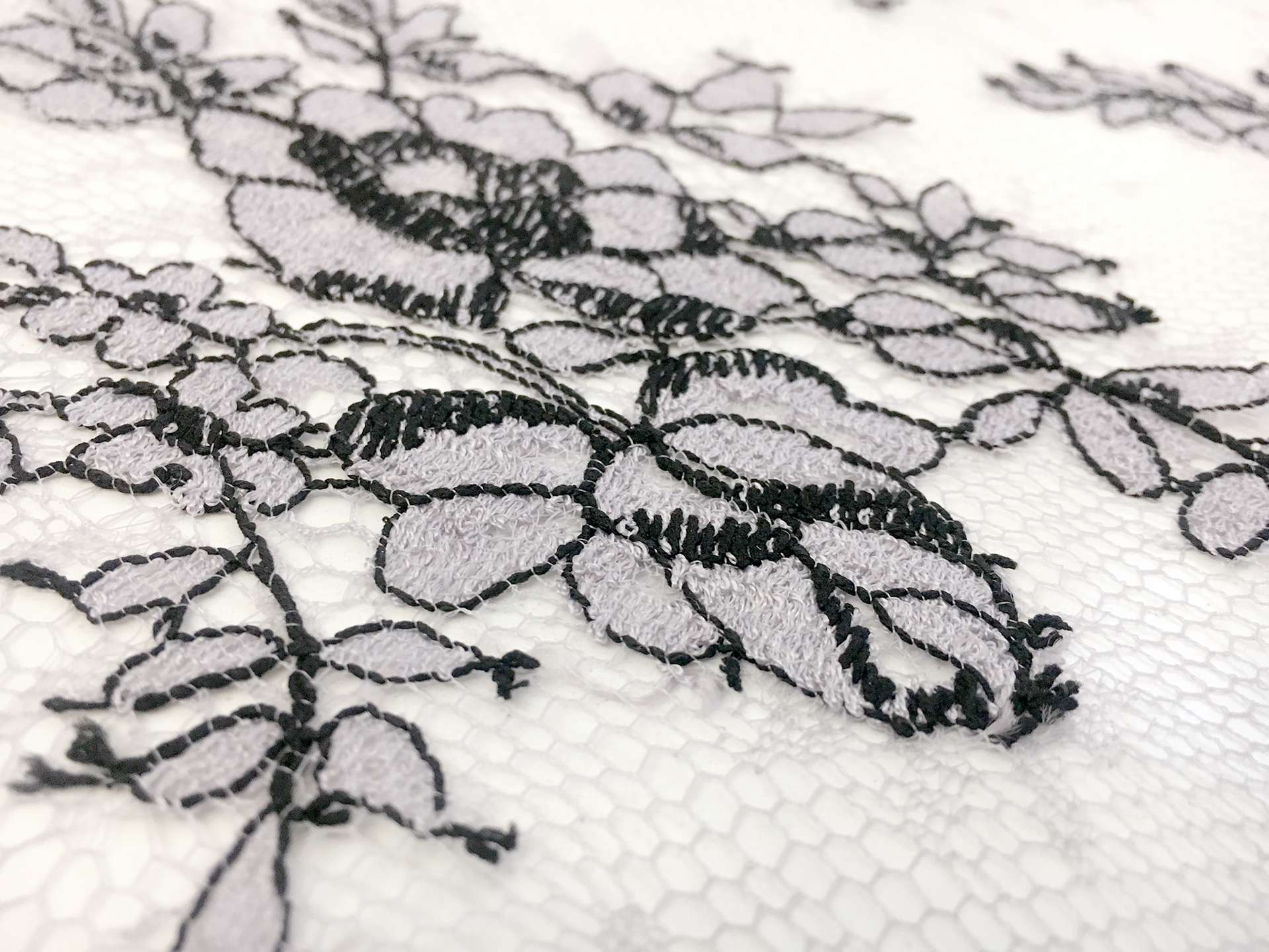 Chantilly Lace in Light Lavender with Black Outlines of Florals