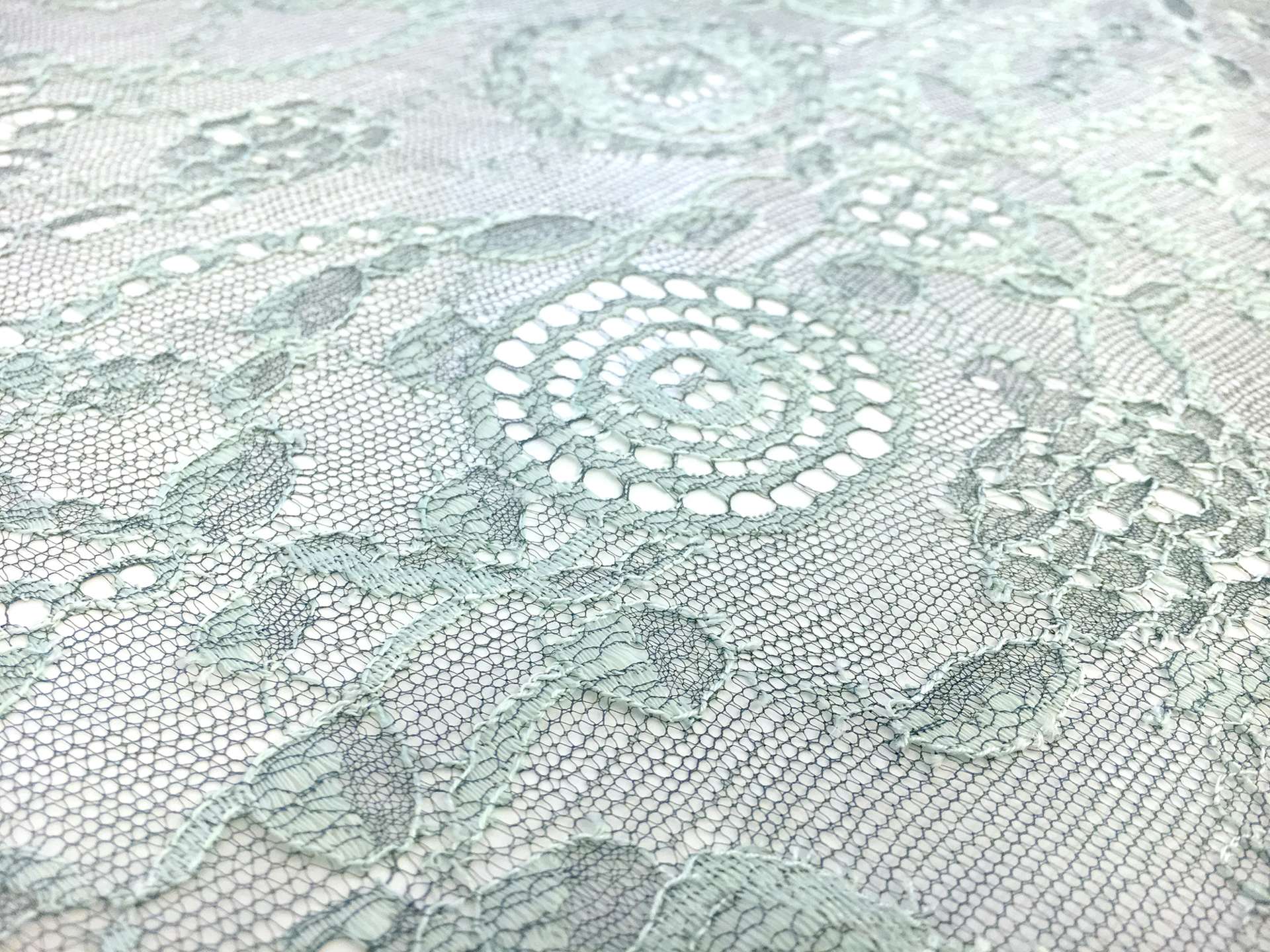 French Chantilly Lace with Circles and Floral Motifs in Sea Green and Black