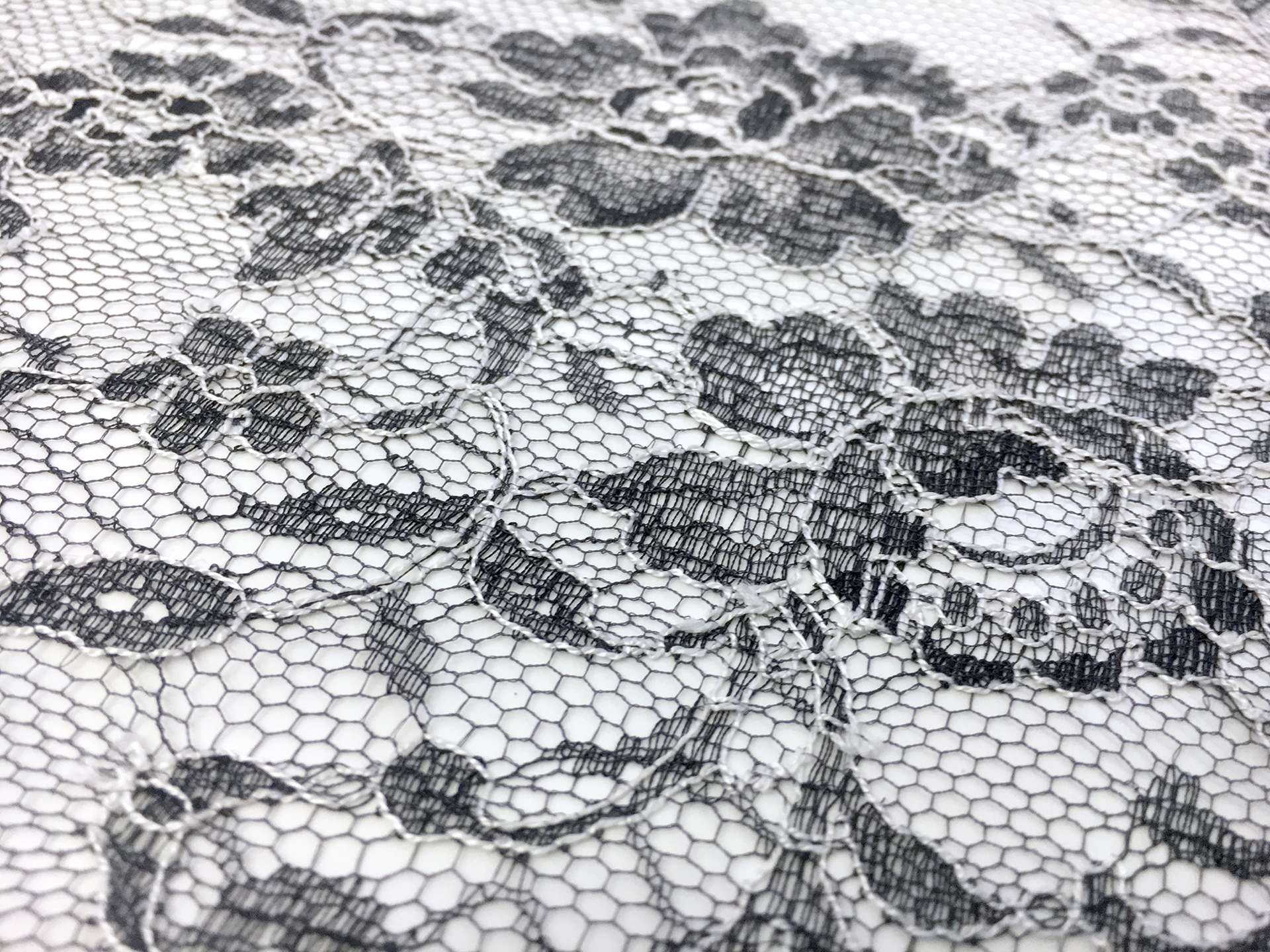 Chantilly Lace in Charcoal Grey with Off White Outlines of Florals