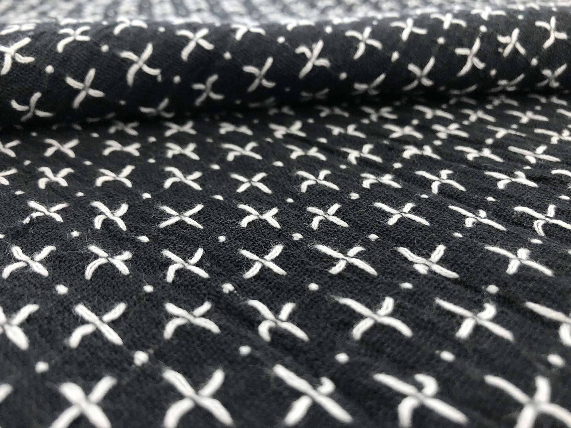 Cotton Woven Novelty With Cross Stitches in Black White