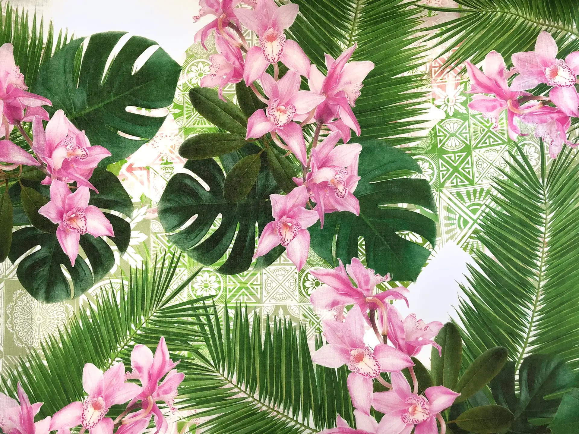 Linen Handkerchief with Tropical Orchids Print