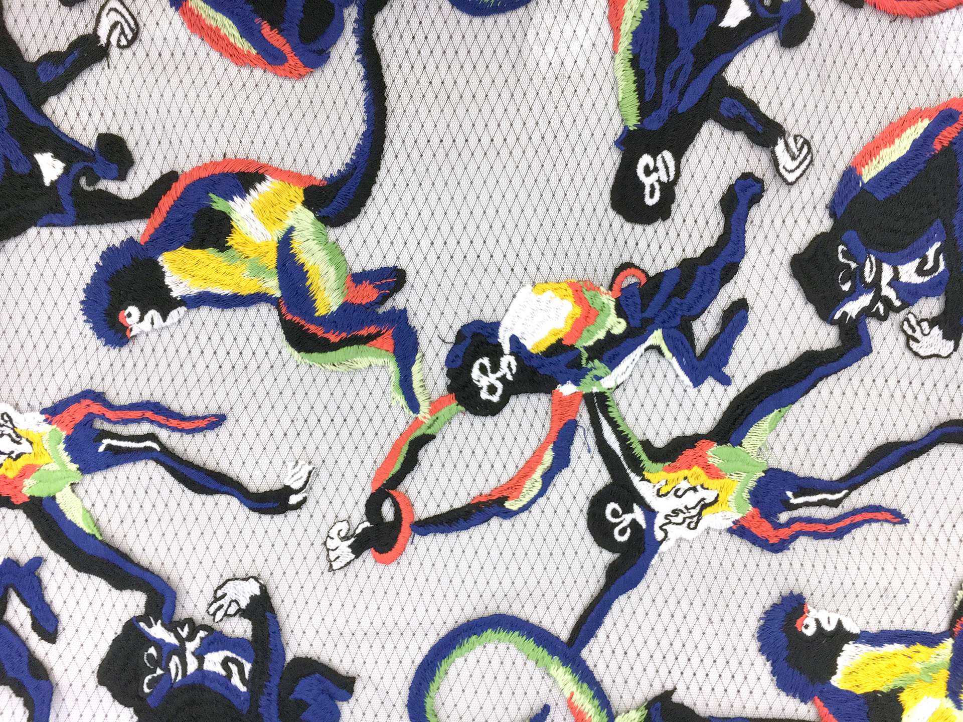 Black Netting with Colorful Embroidered Monkeys
